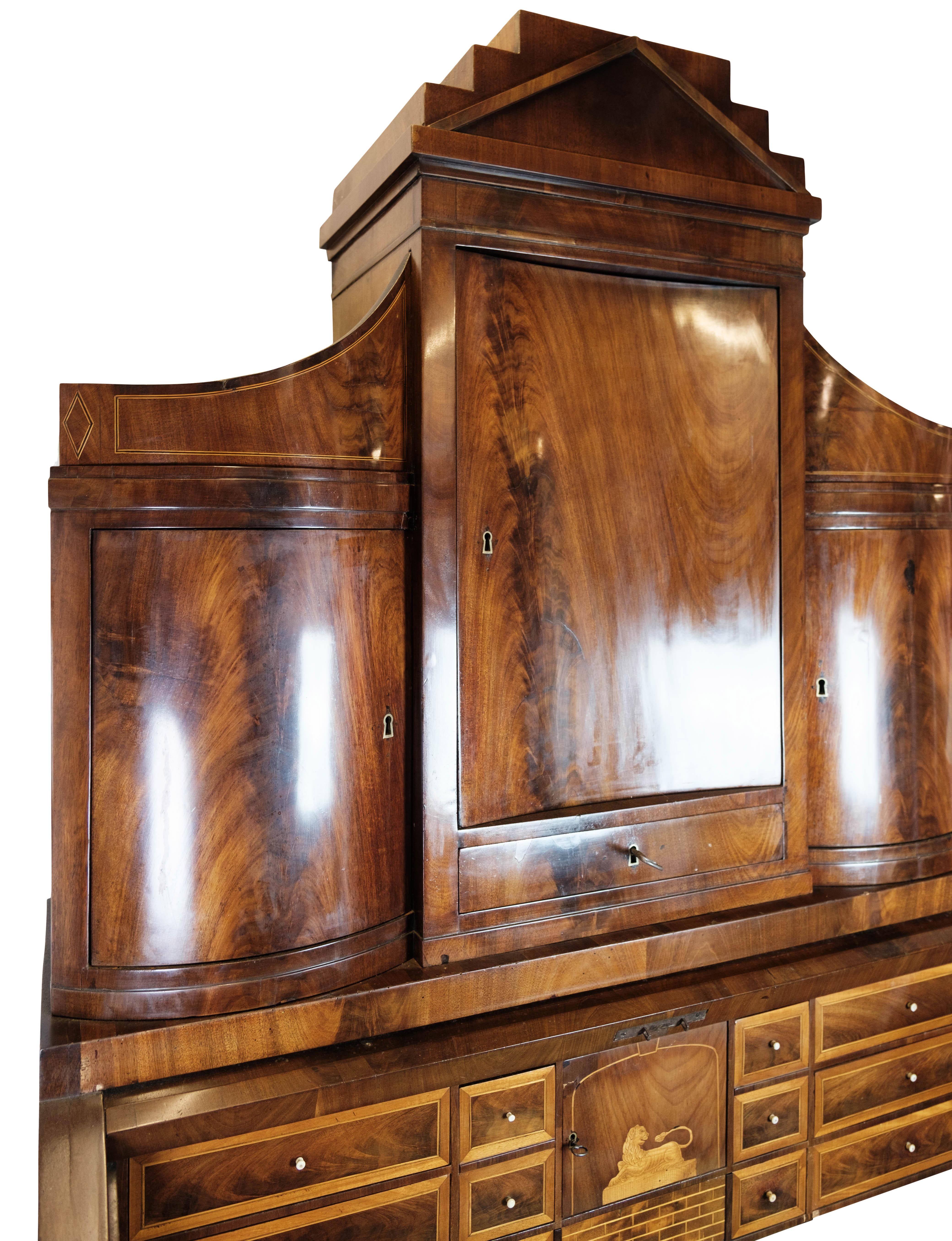Danish Large Empire Bureau of Hand Polished Mahogany with Inlaid Wood, 1820s For Sale