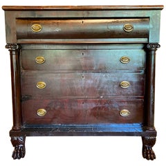 Large Empire Carved Chest of Drawers with Paw Feet and Brass Hardware