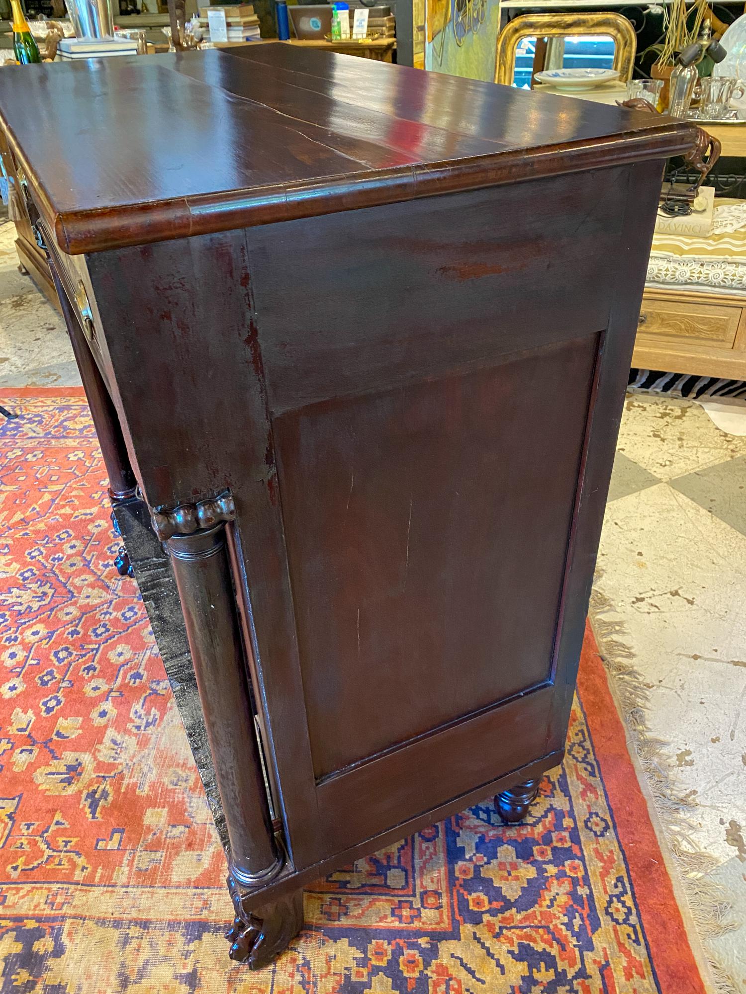 Empire Revival Large Empire Carved Chest of Drawers with Paw Feet and Brass Hardware