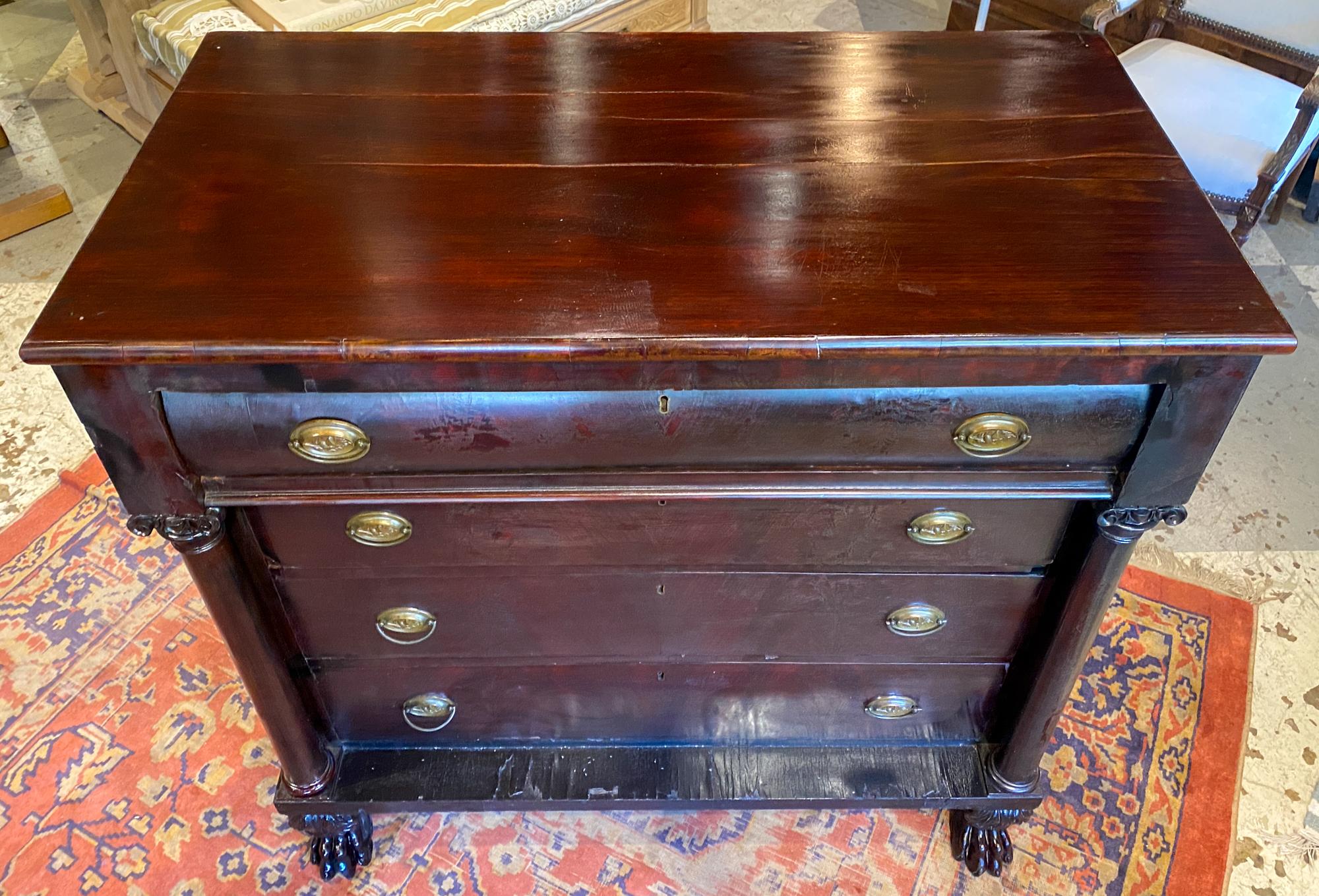 Early 20th Century Large Empire Carved Chest of Drawers with Paw Feet and Brass Hardware