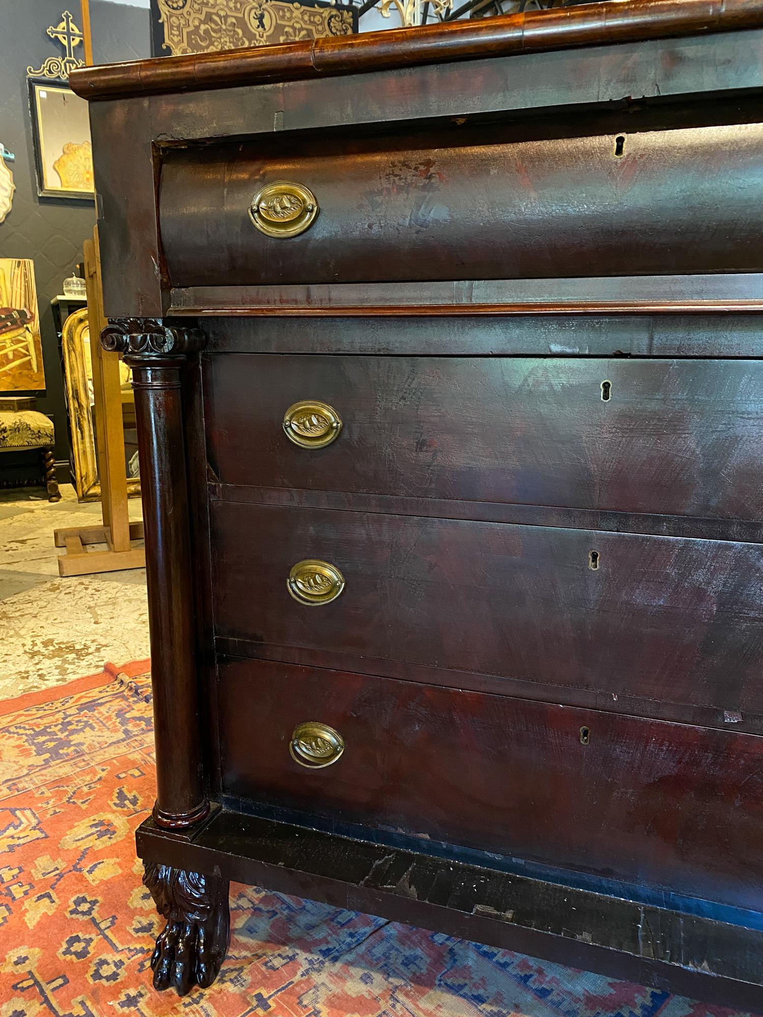 Mahogany Large Empire Carved Chest of Drawers with Paw Feet and Brass Hardware