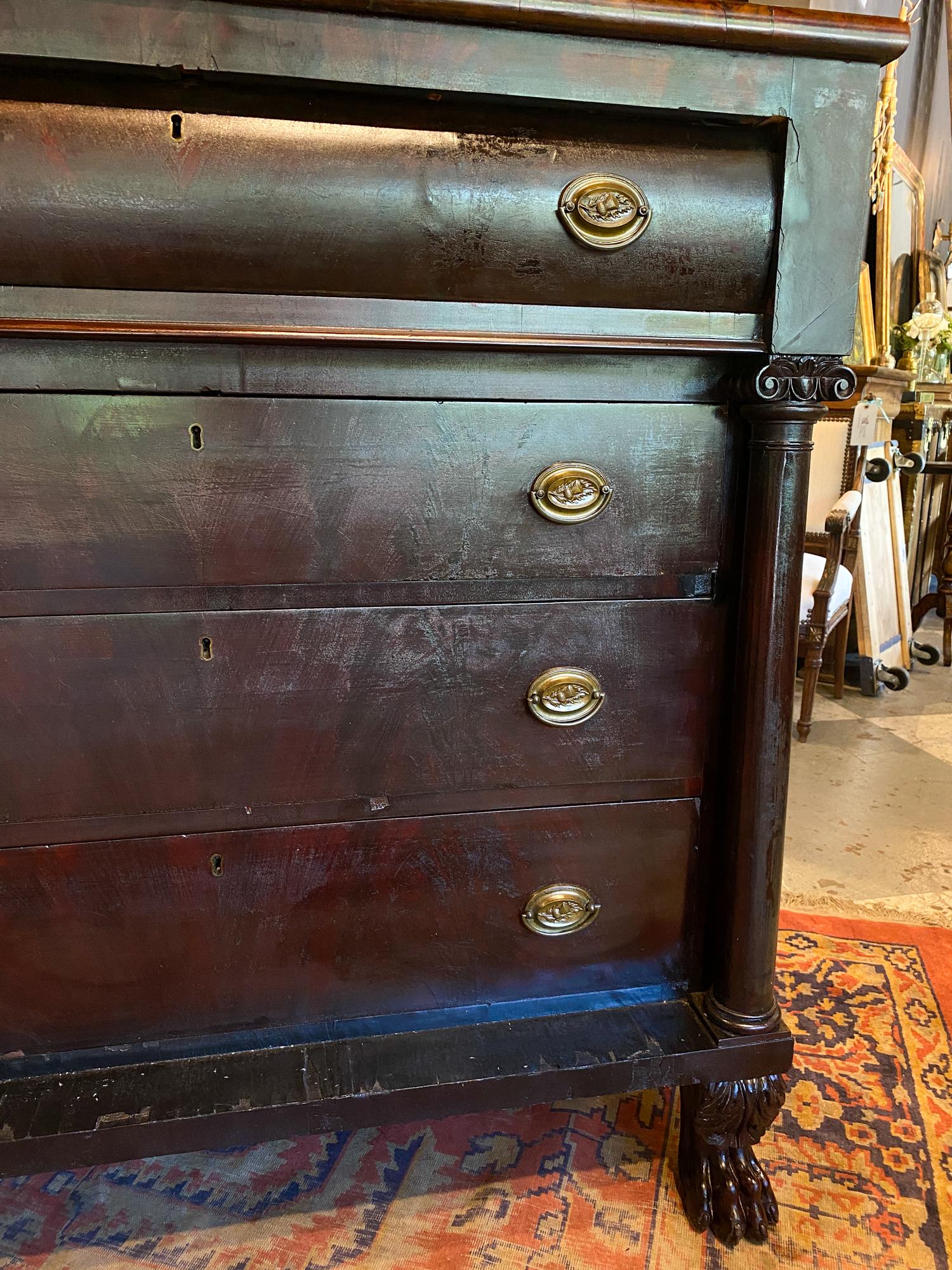 Large Empire Carved Chest of Drawers with Paw Feet and Brass Hardware 1
