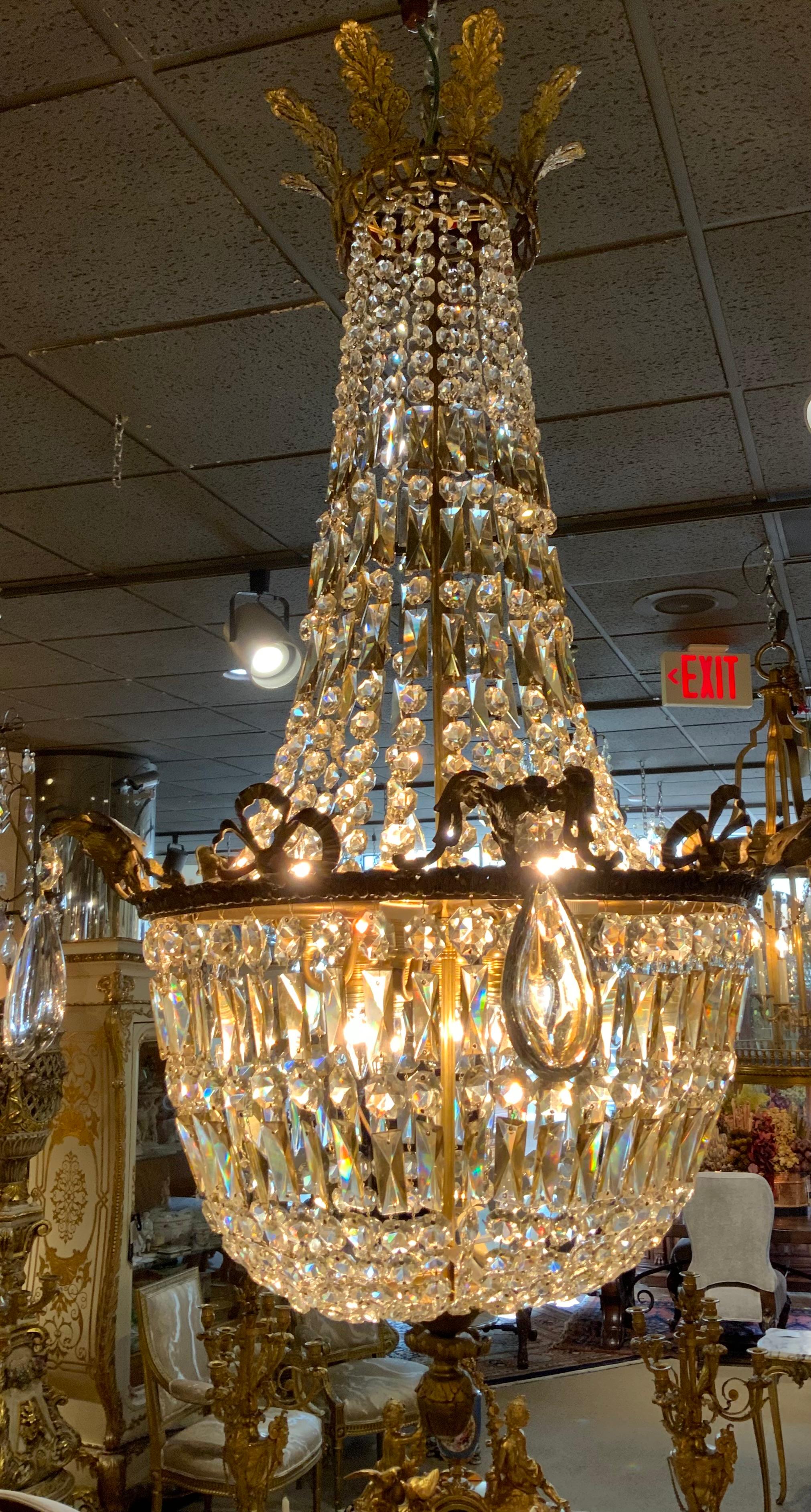 French Large empire chandelier with clear and amber crystal  For Sale