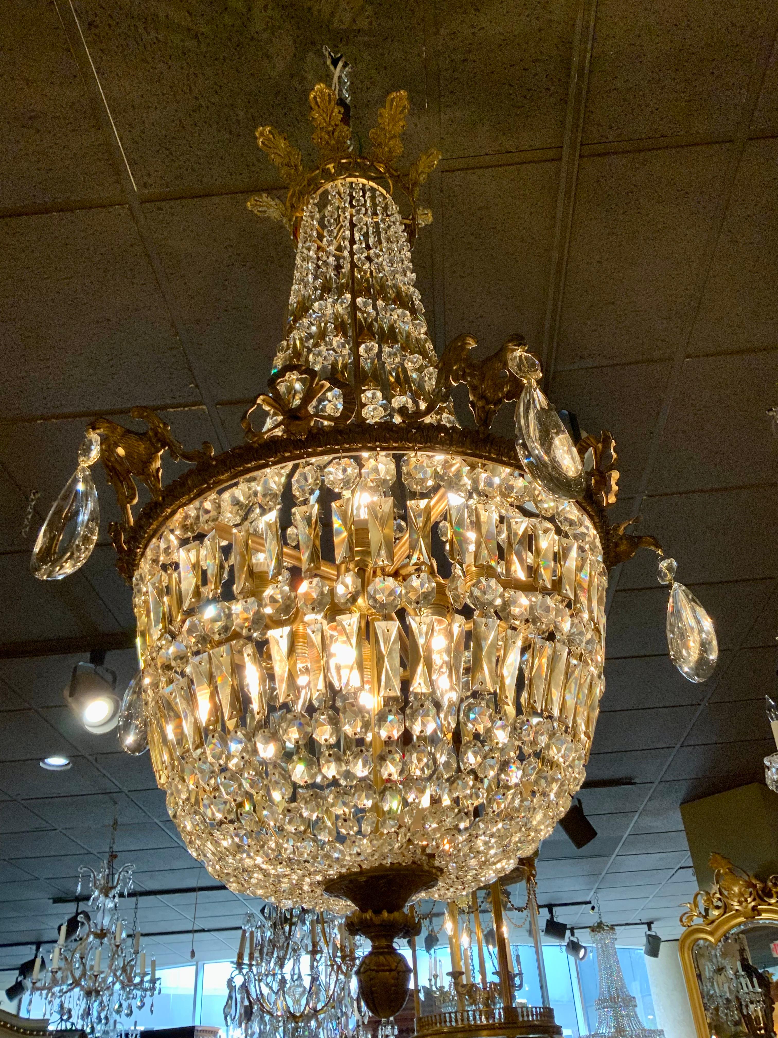 Large empire chandelier with clear and amber crystal  In Excellent Condition For Sale In Houston, TX
