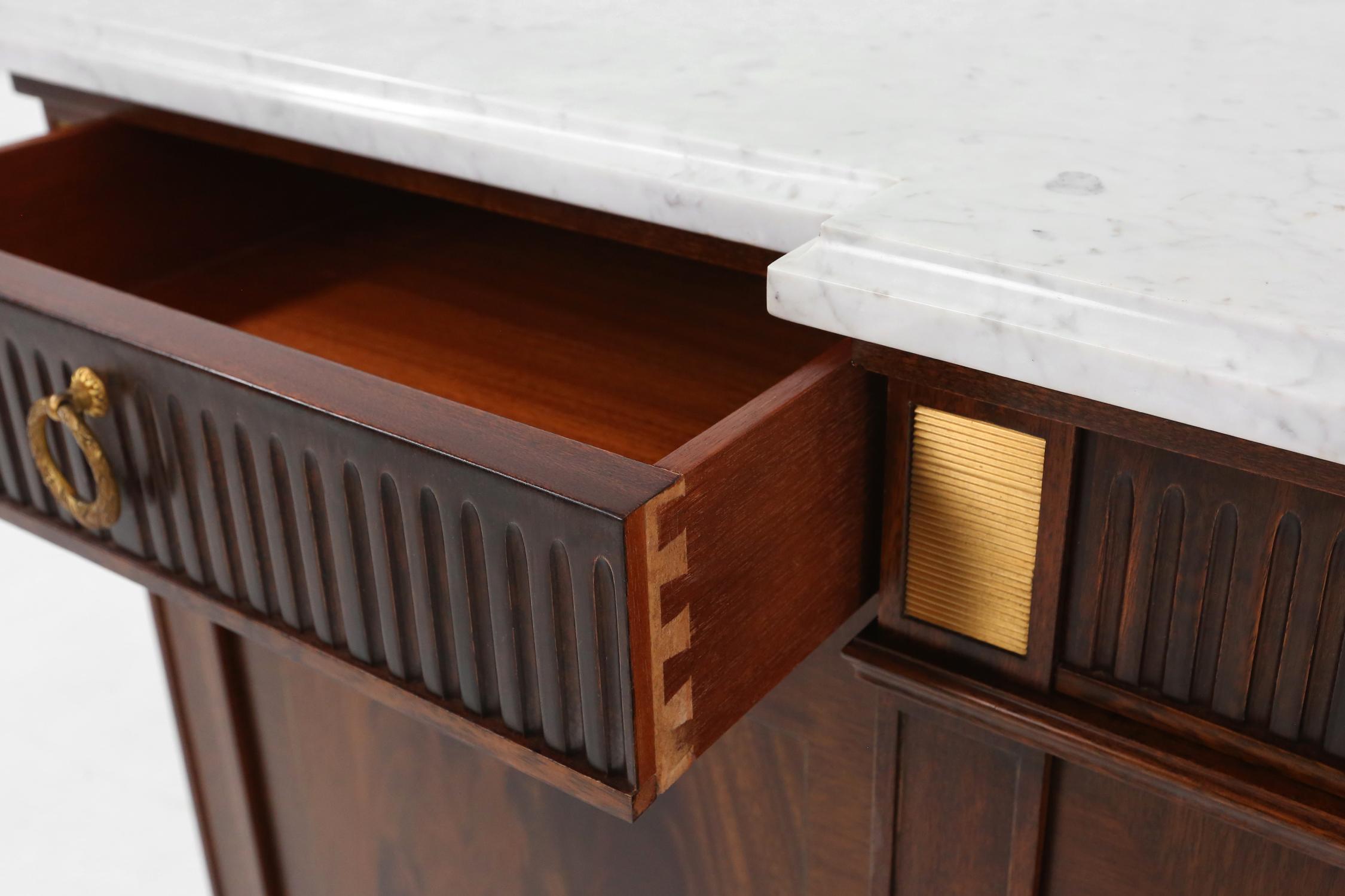 Large empire/ Louis XVI credenza with Carrara marble top, France, ca. 1950 6