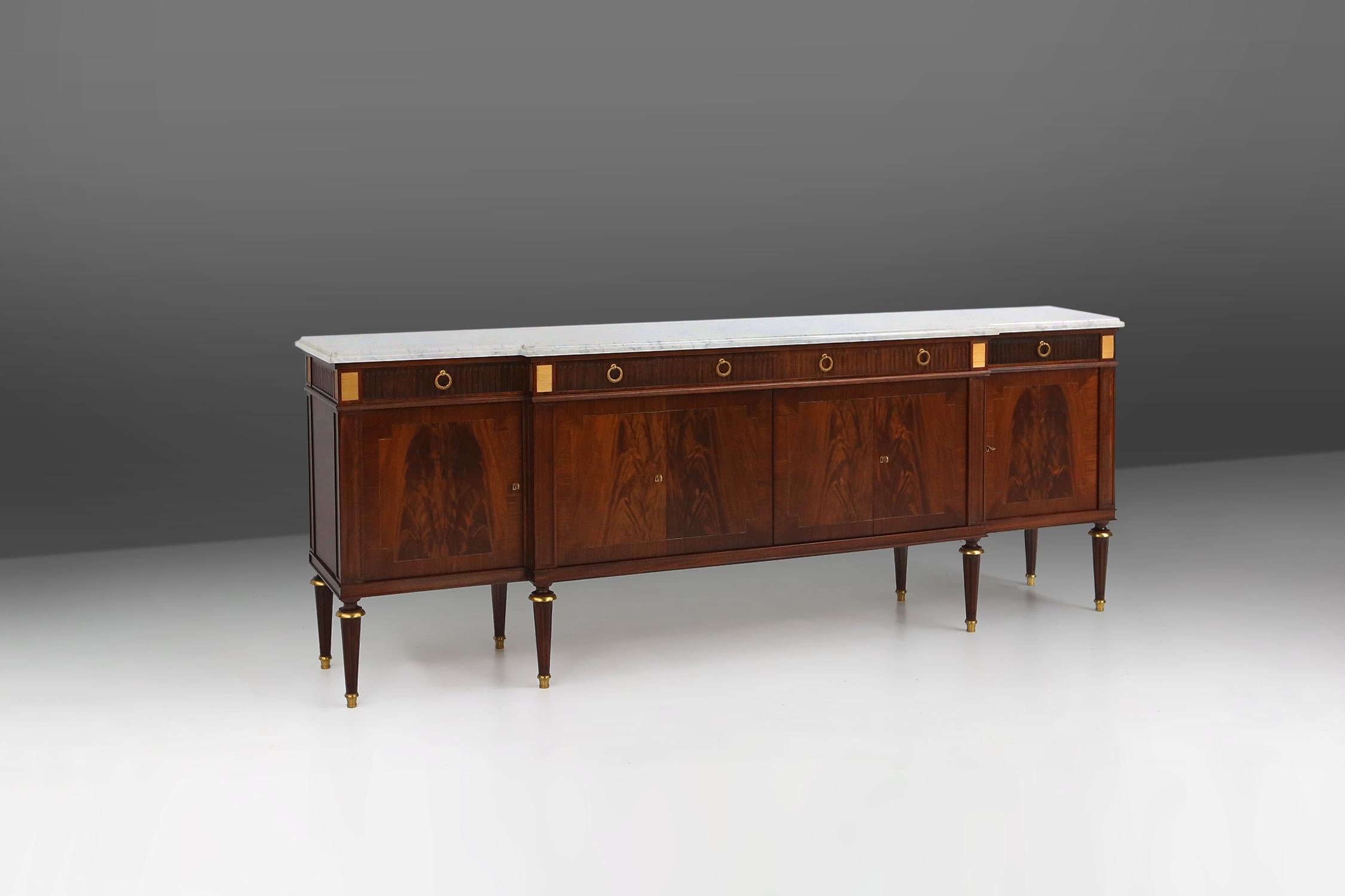 Large empire/ Louis XVI credenza with Carrara marble top, France, ca. 1950 10