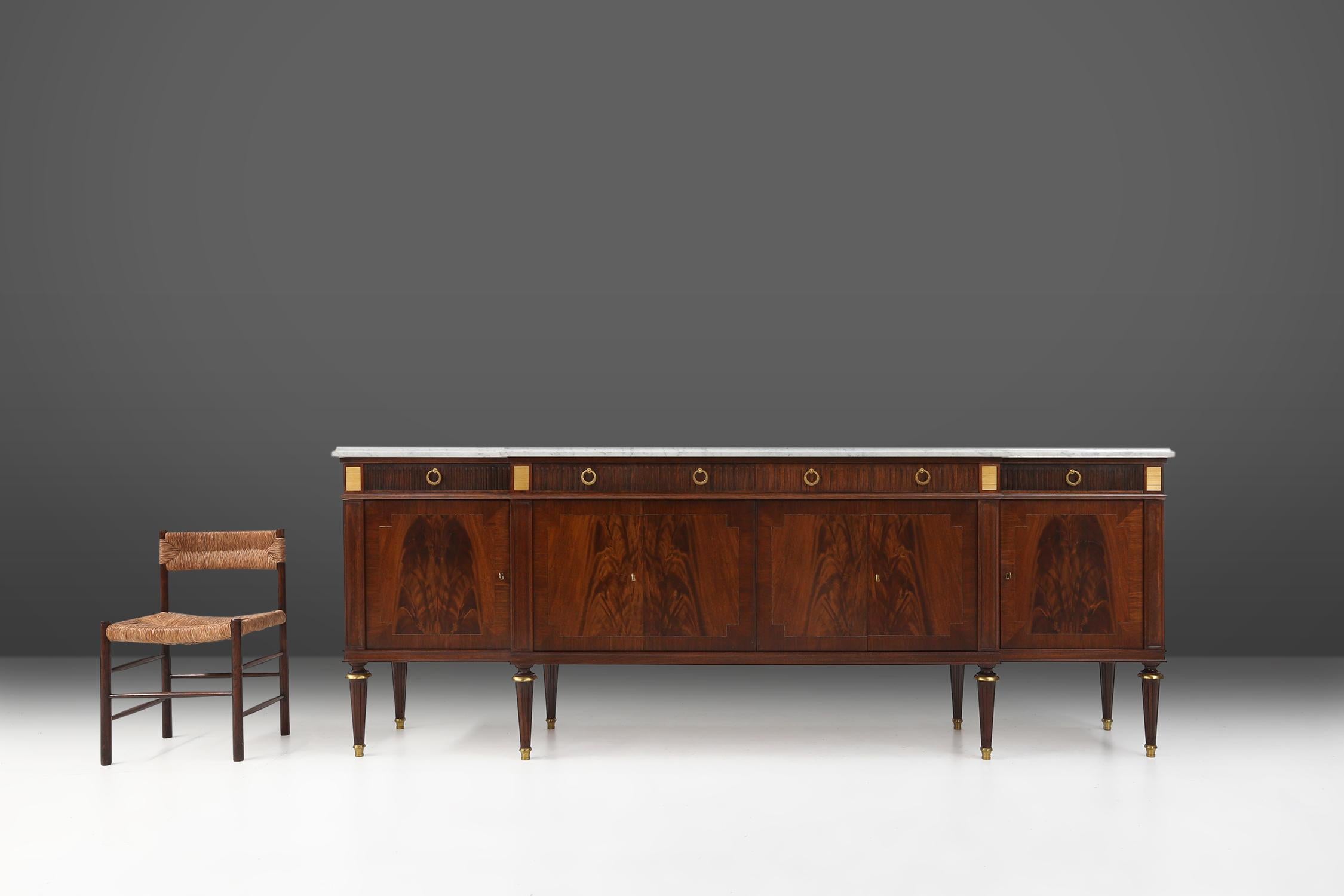 Empire Revival Large empire/ Louis XVI credenza with Carrara marble top, France, ca. 1950