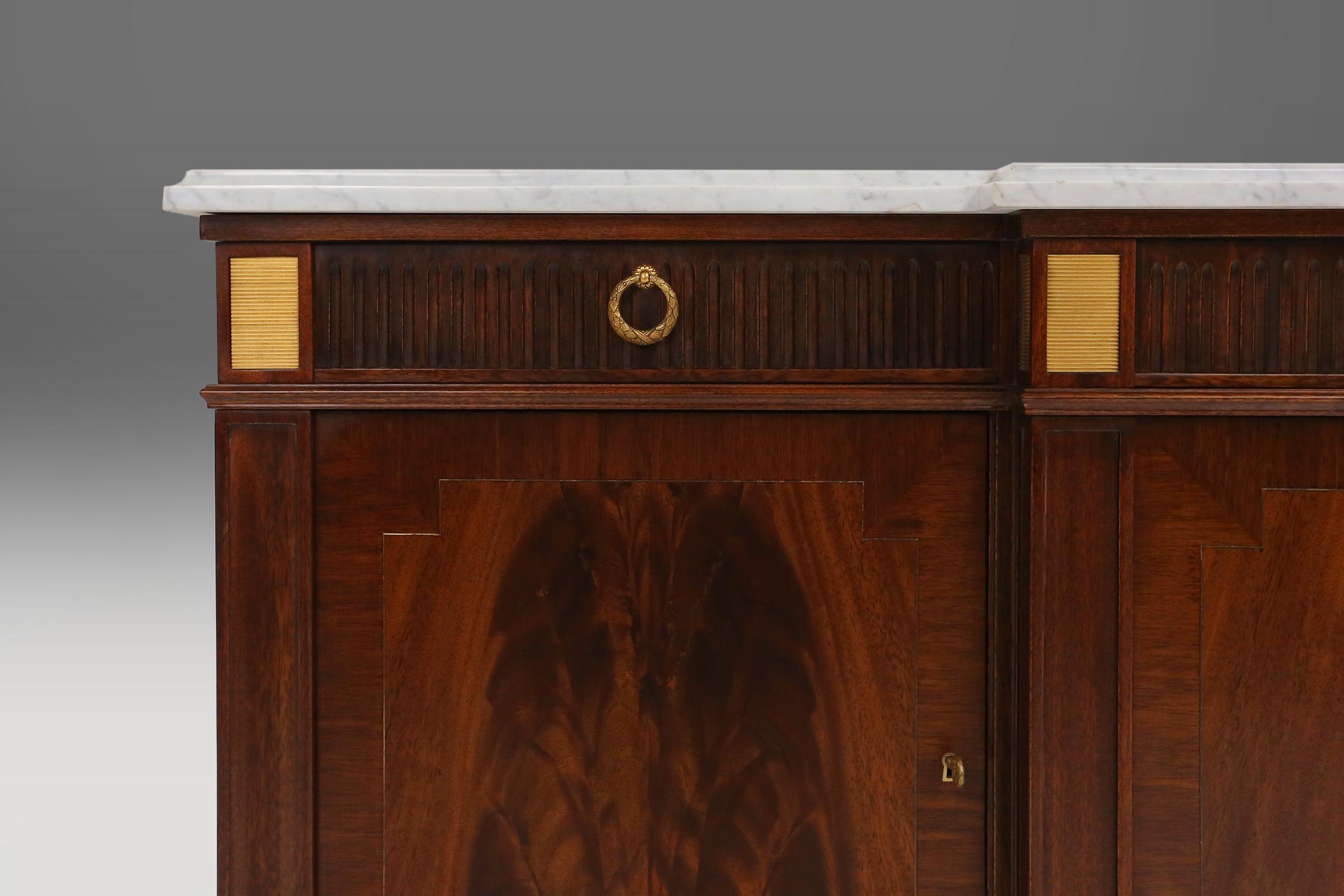 French Large empire/ Louis XVI credenza with Carrara marble top, France, ca. 1950