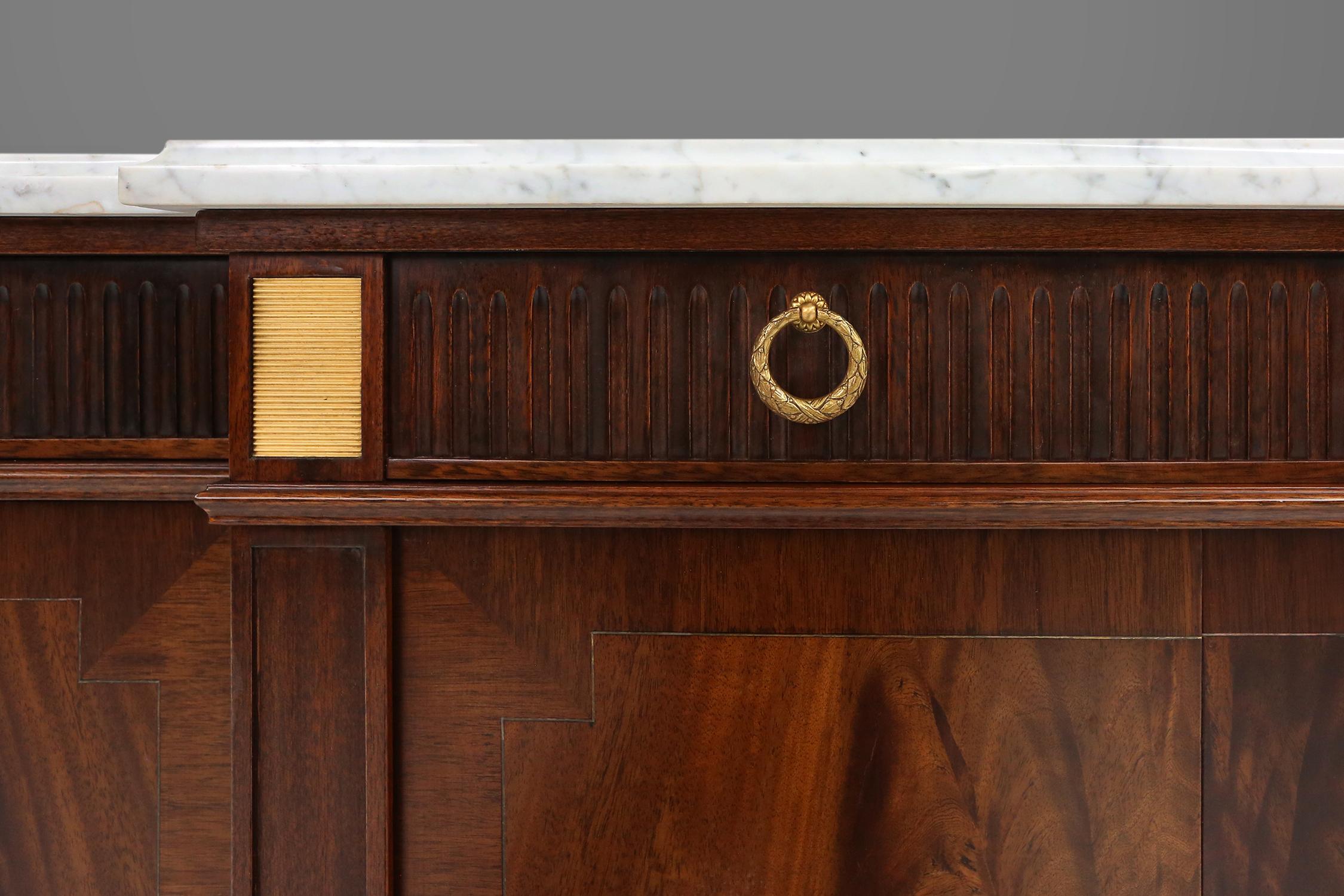 Large empire/ Louis XVI credenza with Carrara marble top, France, ca. 1950 In Good Condition In Meulebeke, BE