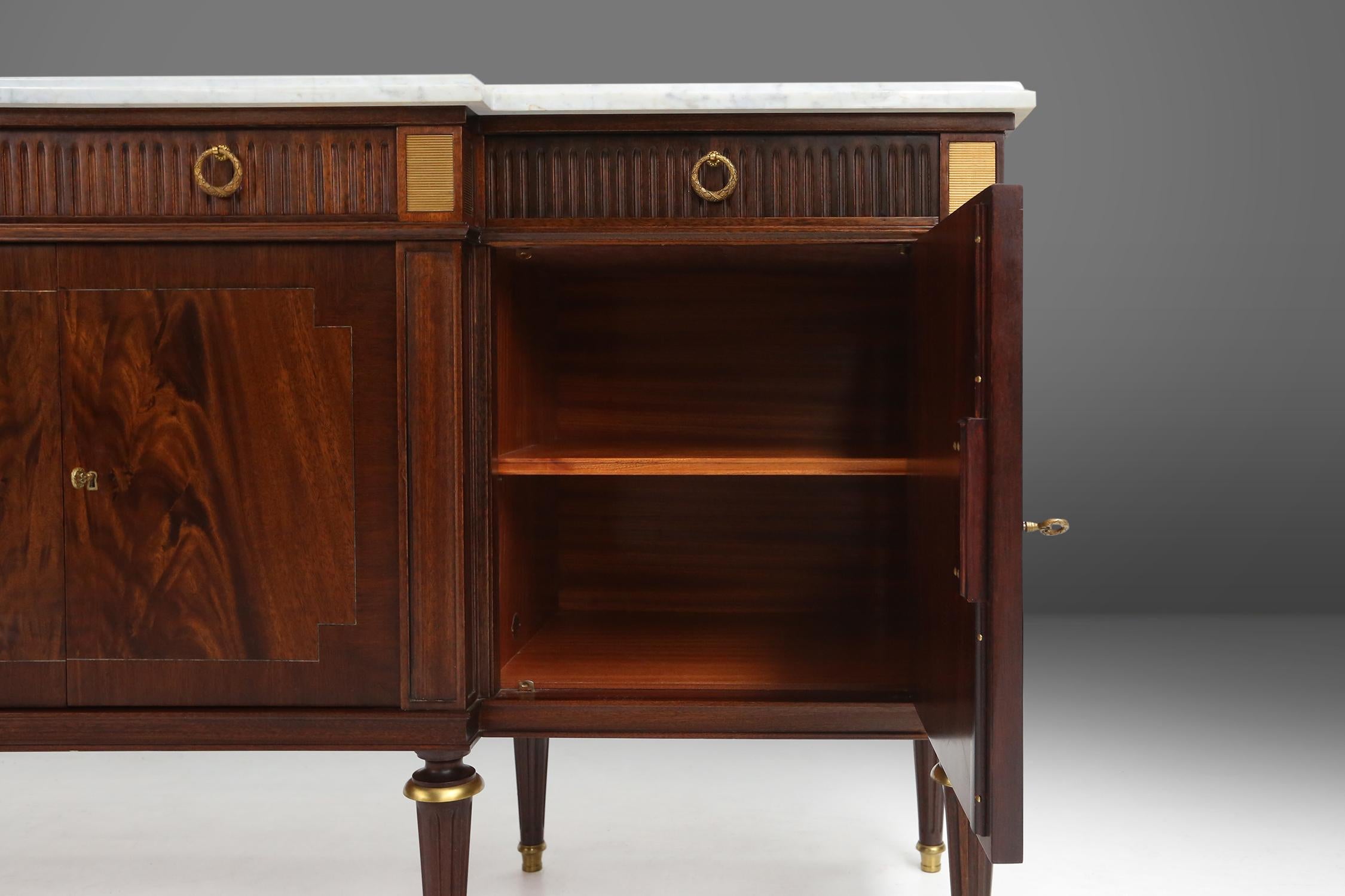 Large empire/ Louis XVI credenza with Carrara marble top, France, ca. 1950 1