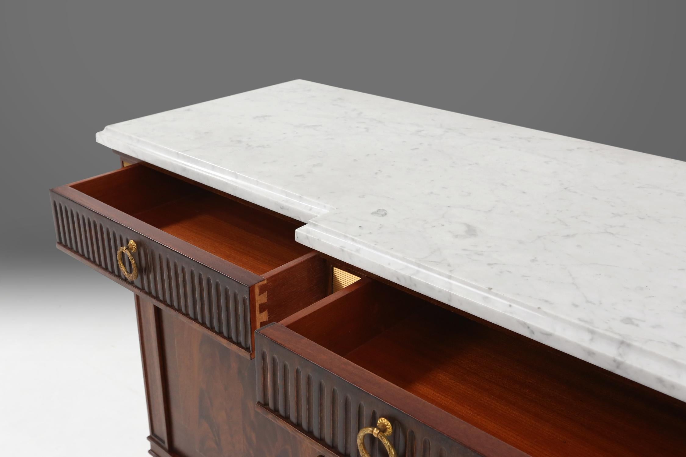 Large empire/ Louis XVI credenza with Carrara marble top, France, ca. 1950 2