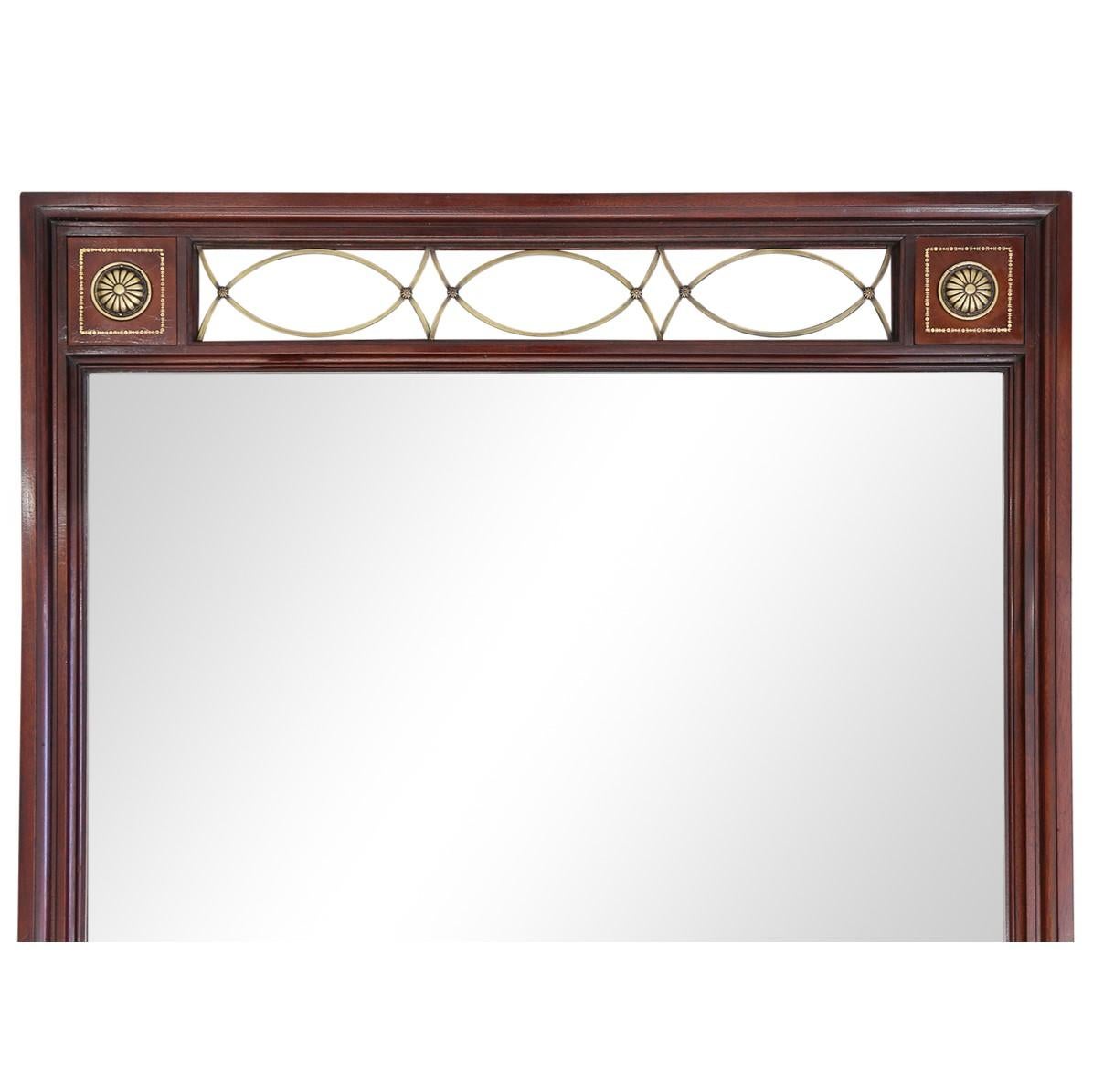 Empire Revival Large Empire Mahogany Mirror with Brass and Leather Accents