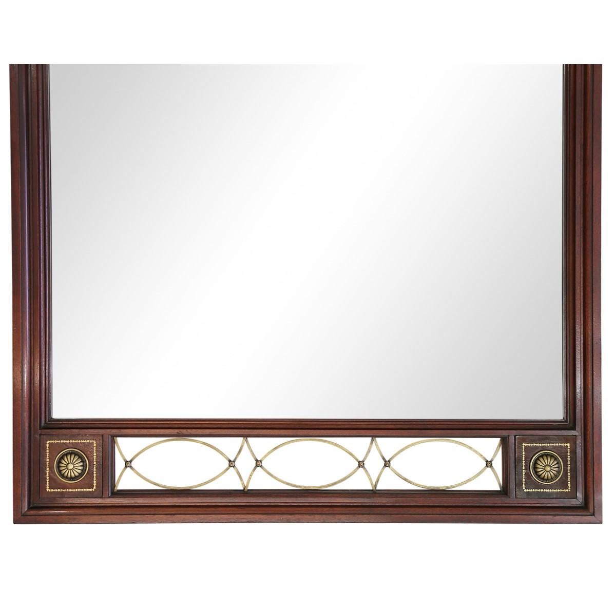 Embossed Large Empire Mahogany Mirror with Brass and Leather Accents