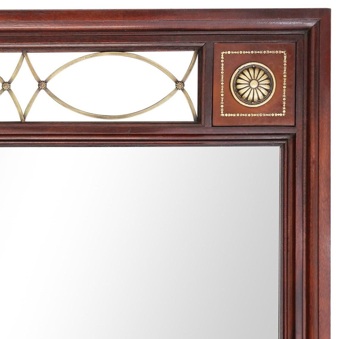 Large Empire Mahogany Mirror with Brass and Leather Accents In Good Condition In Baltimore, MD