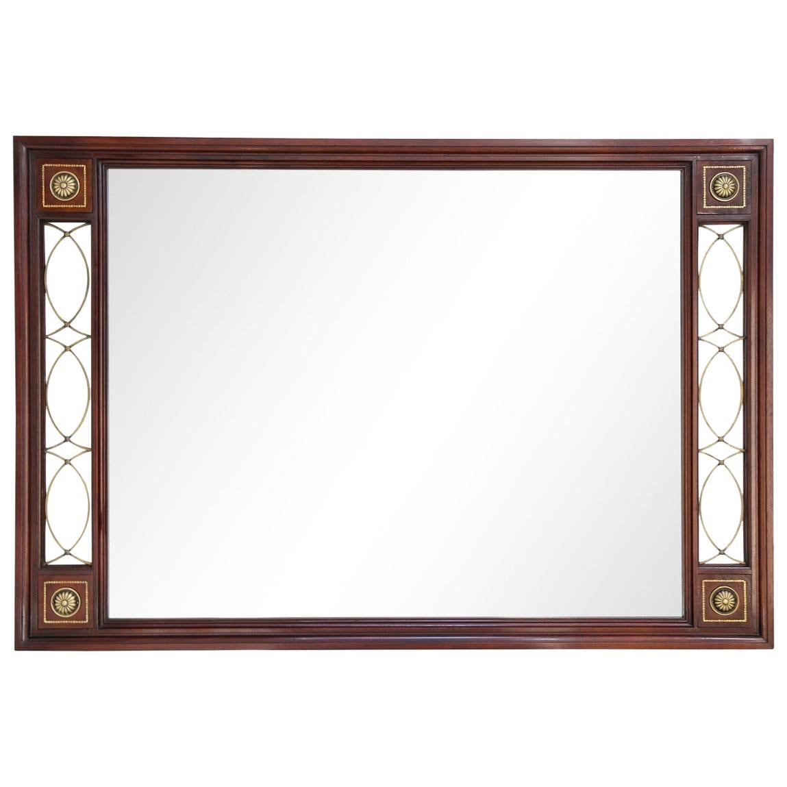 Large Empire Mahogany Mirror with Brass and Leather Accents