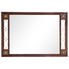 Grand miroir Empire en acajou avec accents de laiton et de cuir