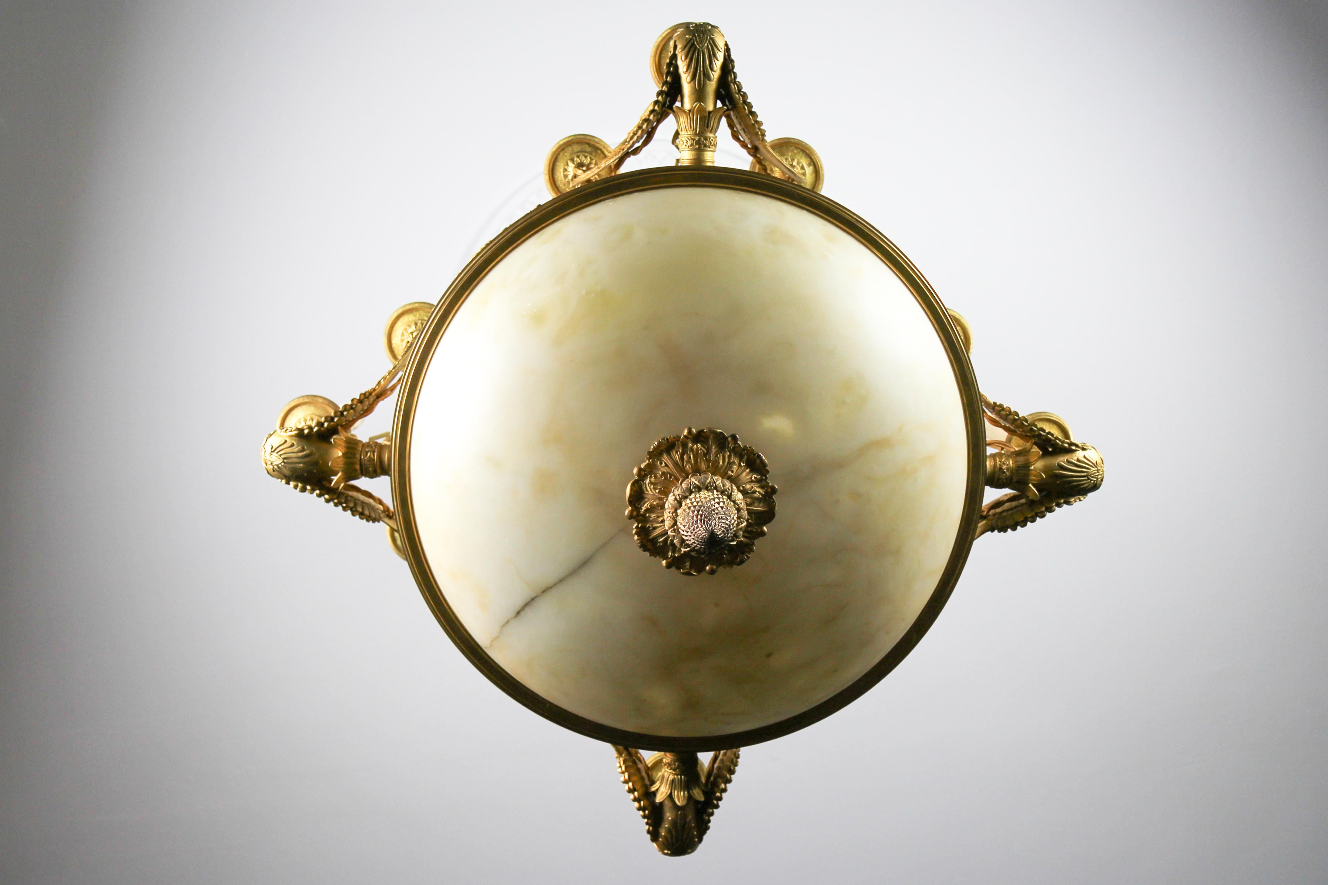 Large Empire Style Alabaster and Bronze Sixteen-Light Chandelier, ca. 1890 For Sale 5