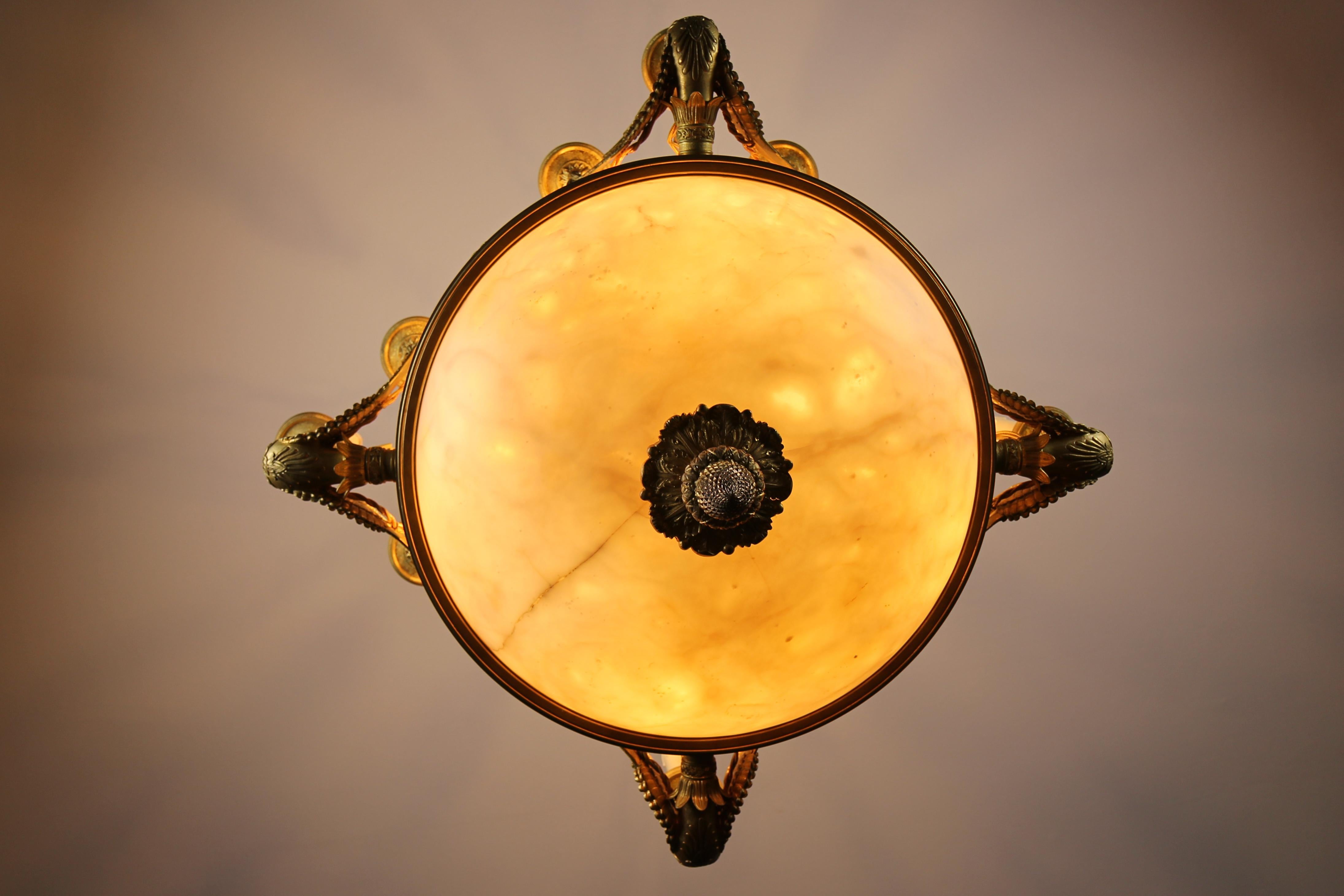 Large Empire Style Alabaster and Bronze Sixteen-Light Chandelier, ca. 1890 For Sale 6