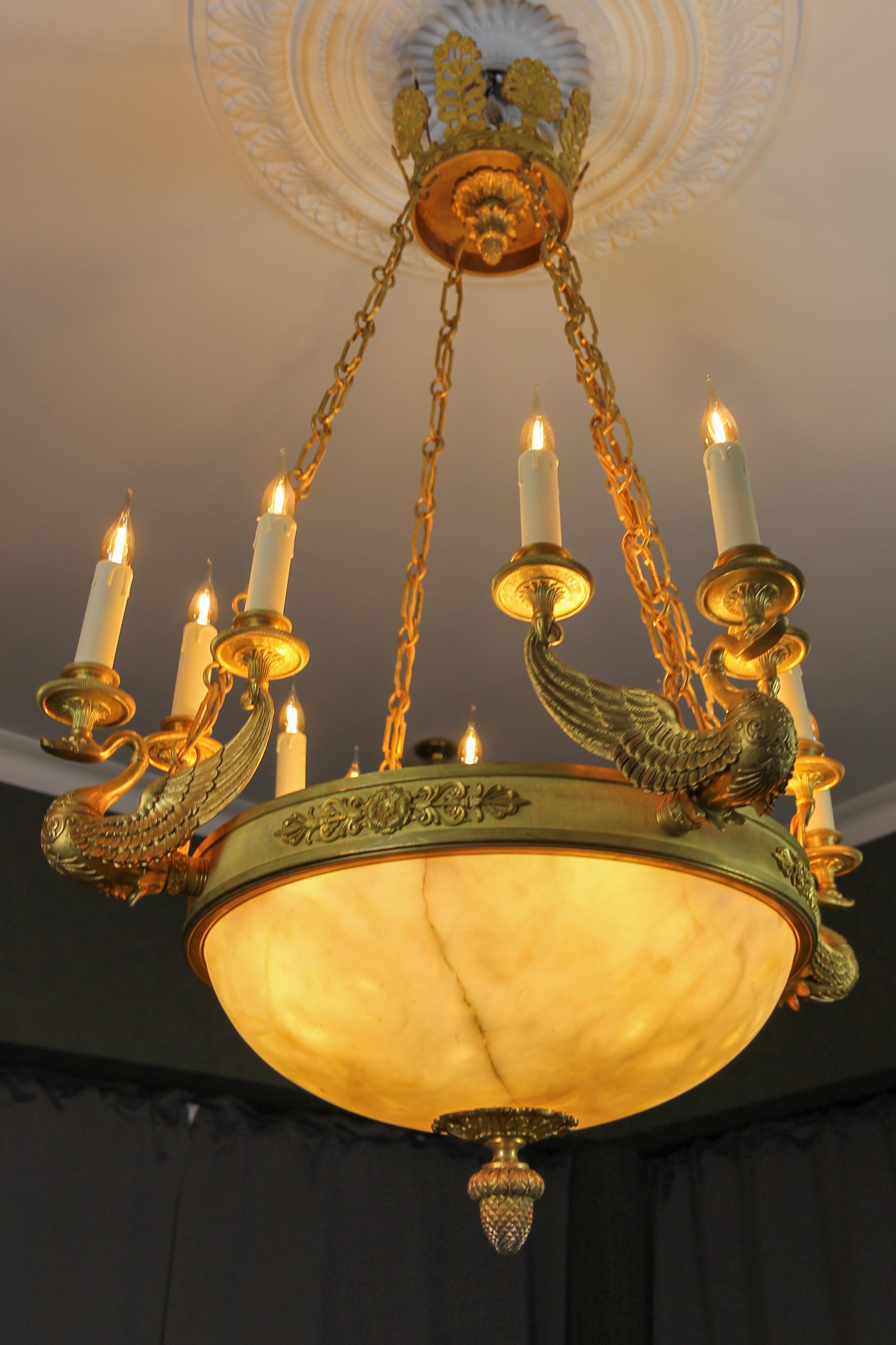 Large Empire Style Alabaster and Bronze Sixteen-Light Chandelier, ca. 1890 For Sale 7