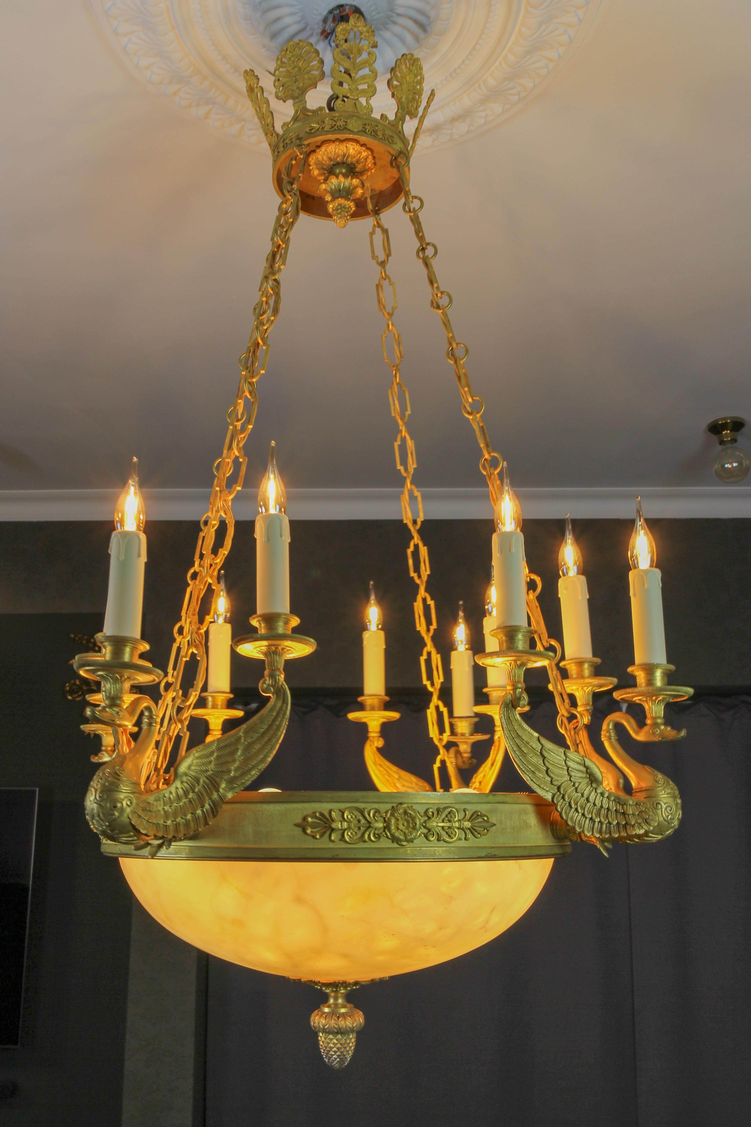 Large Empire Style Alabaster and Bronze Sixteen-Light Chandelier, ca. 1890 For Sale 8