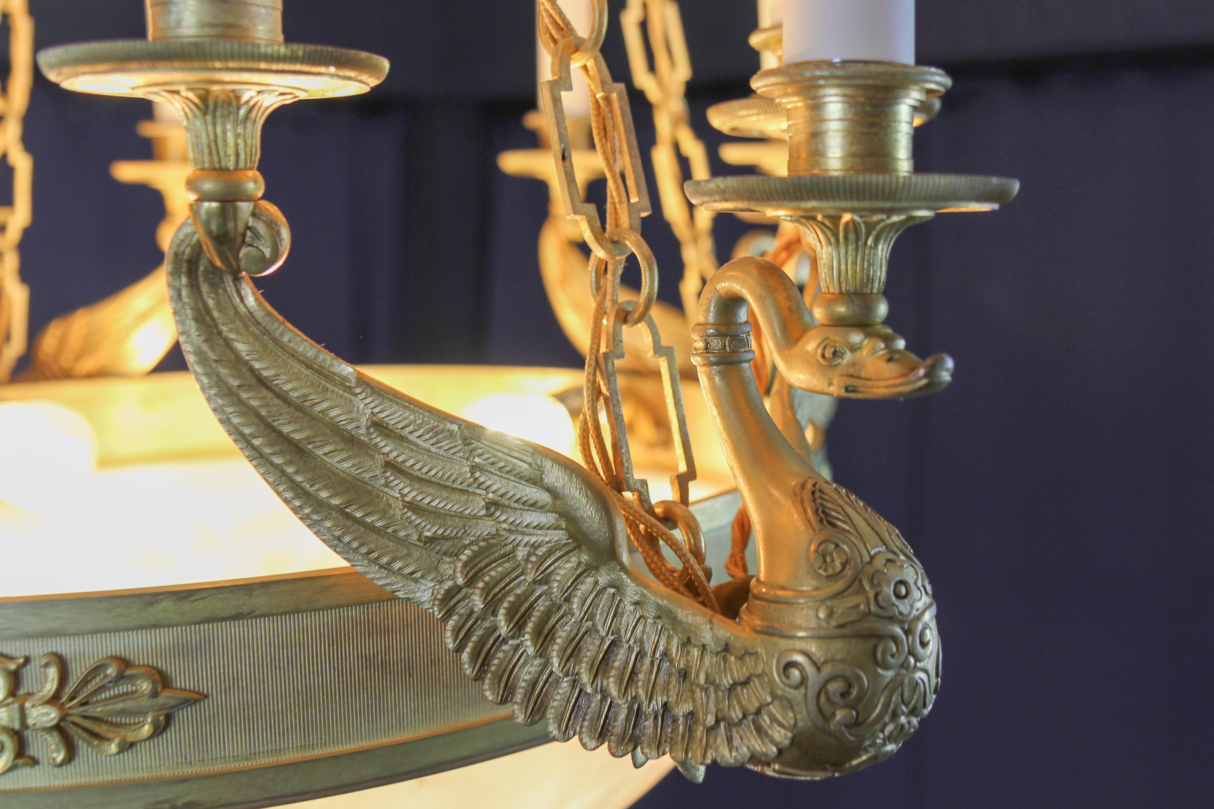 Large Empire Style Alabaster and Bronze Sixteen-Light Chandelier, ca. 1890 For Sale 9