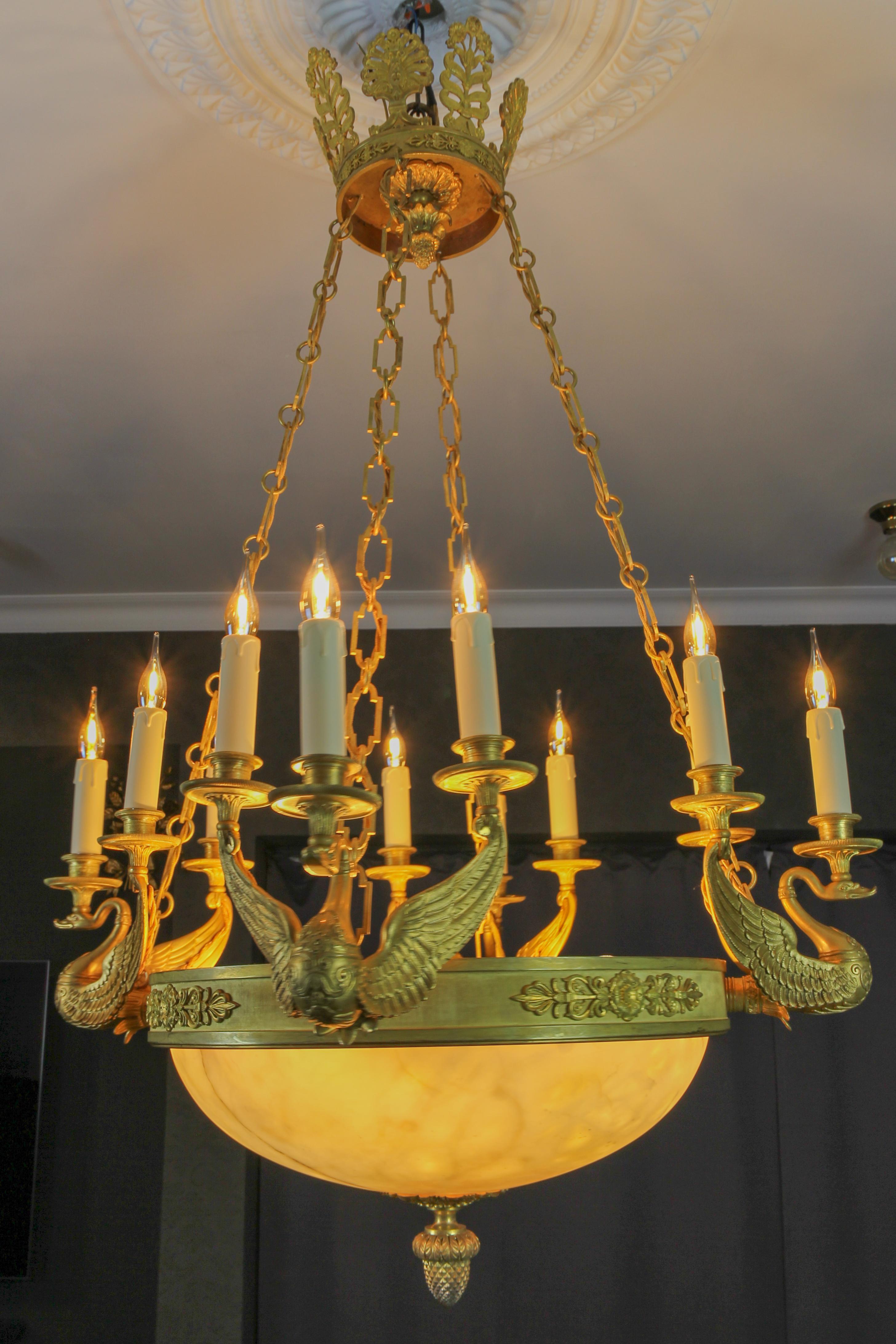 Large Empire Style Alabaster and Bronze Sixteen-Light Chandelier, ca. 1890 For Sale 11