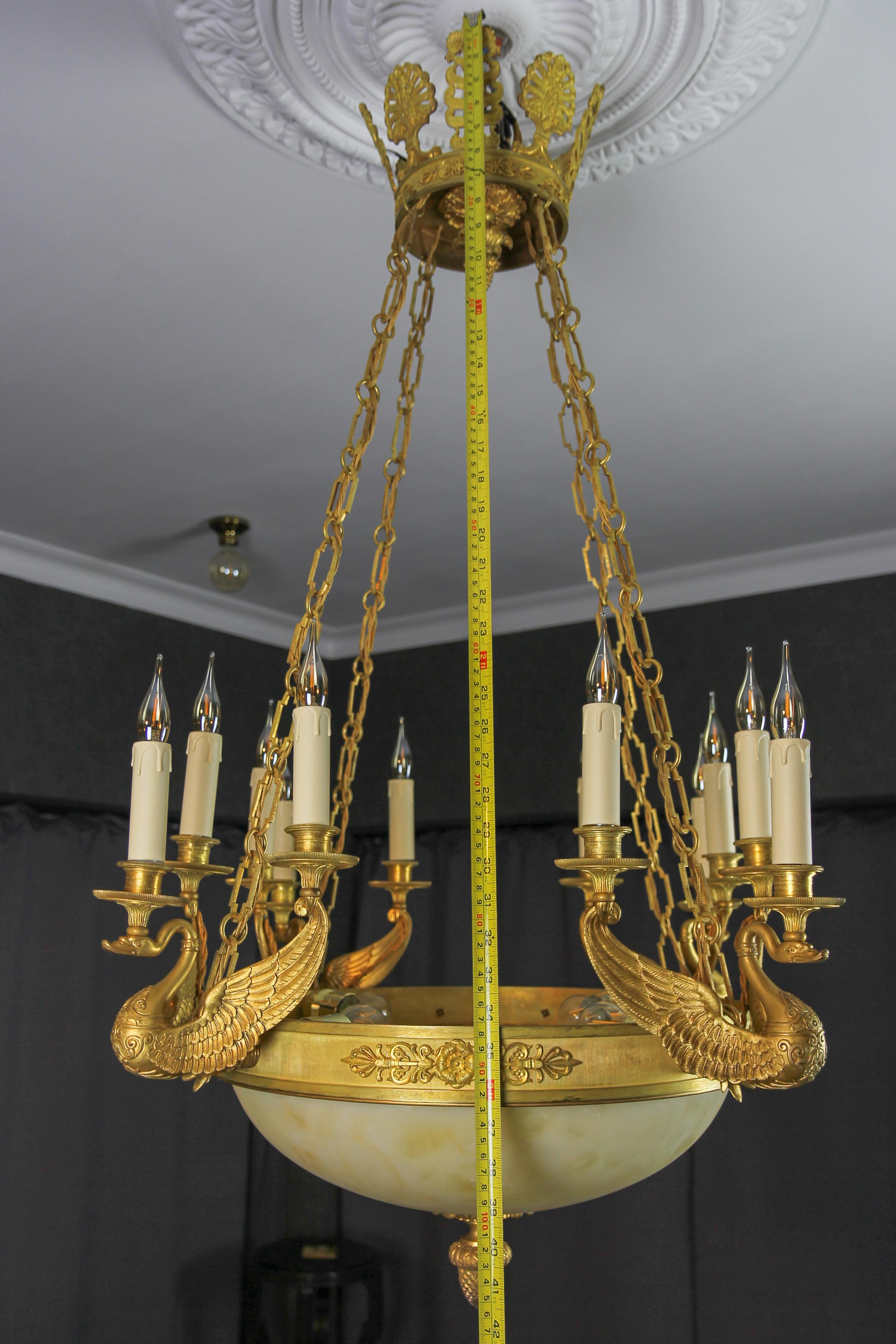 Large Empire Style Alabaster and Bronze Sixteen-Light Chandelier, ca. 1890 For Sale 12