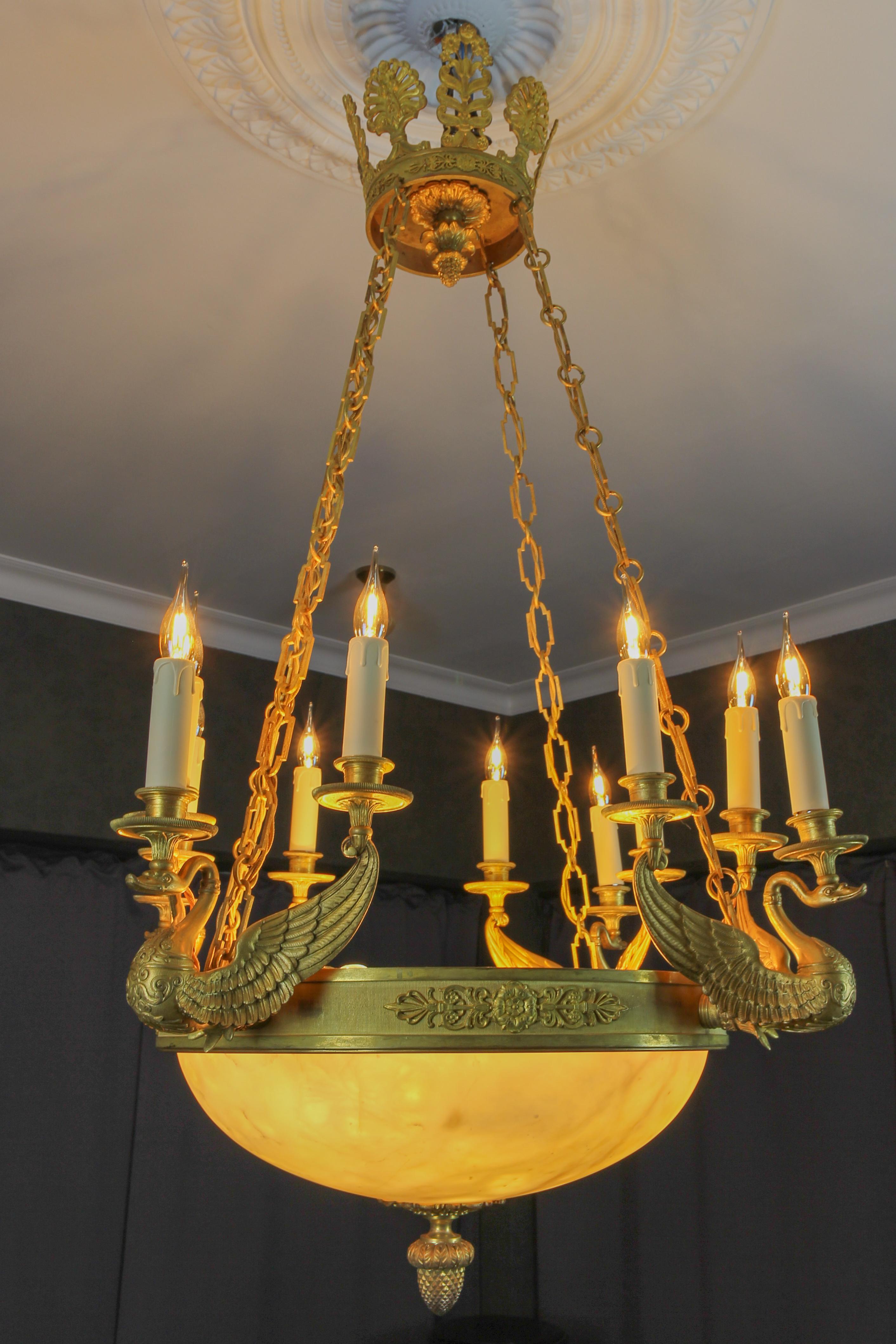 Large Empire Style Alabaster and Bronze Sixteen-Light Chandelier, ca. 1890 For Sale 15