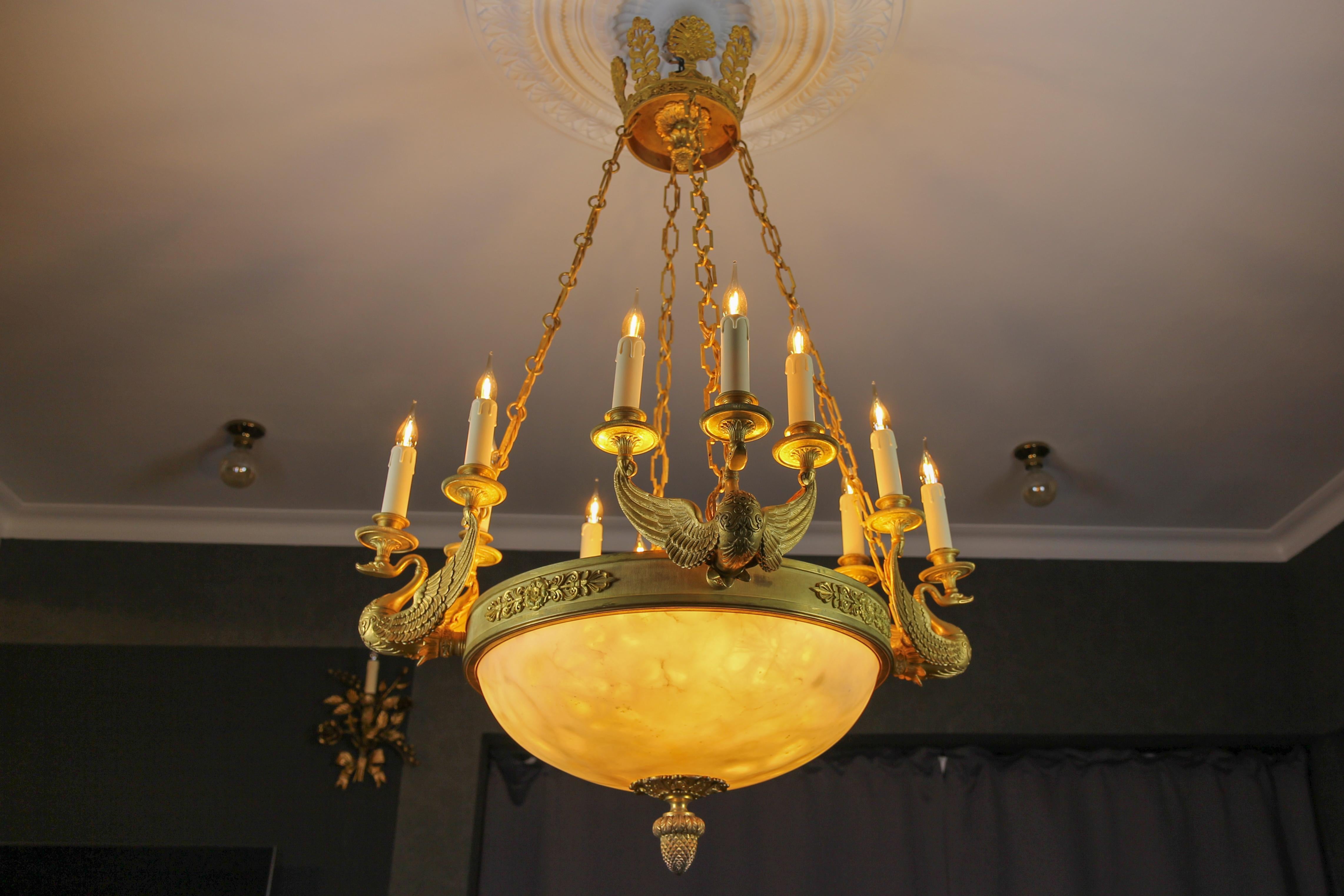 French Large Empire Style Alabaster and Bronze Sixteen-Light Chandelier, ca. 1890 For Sale