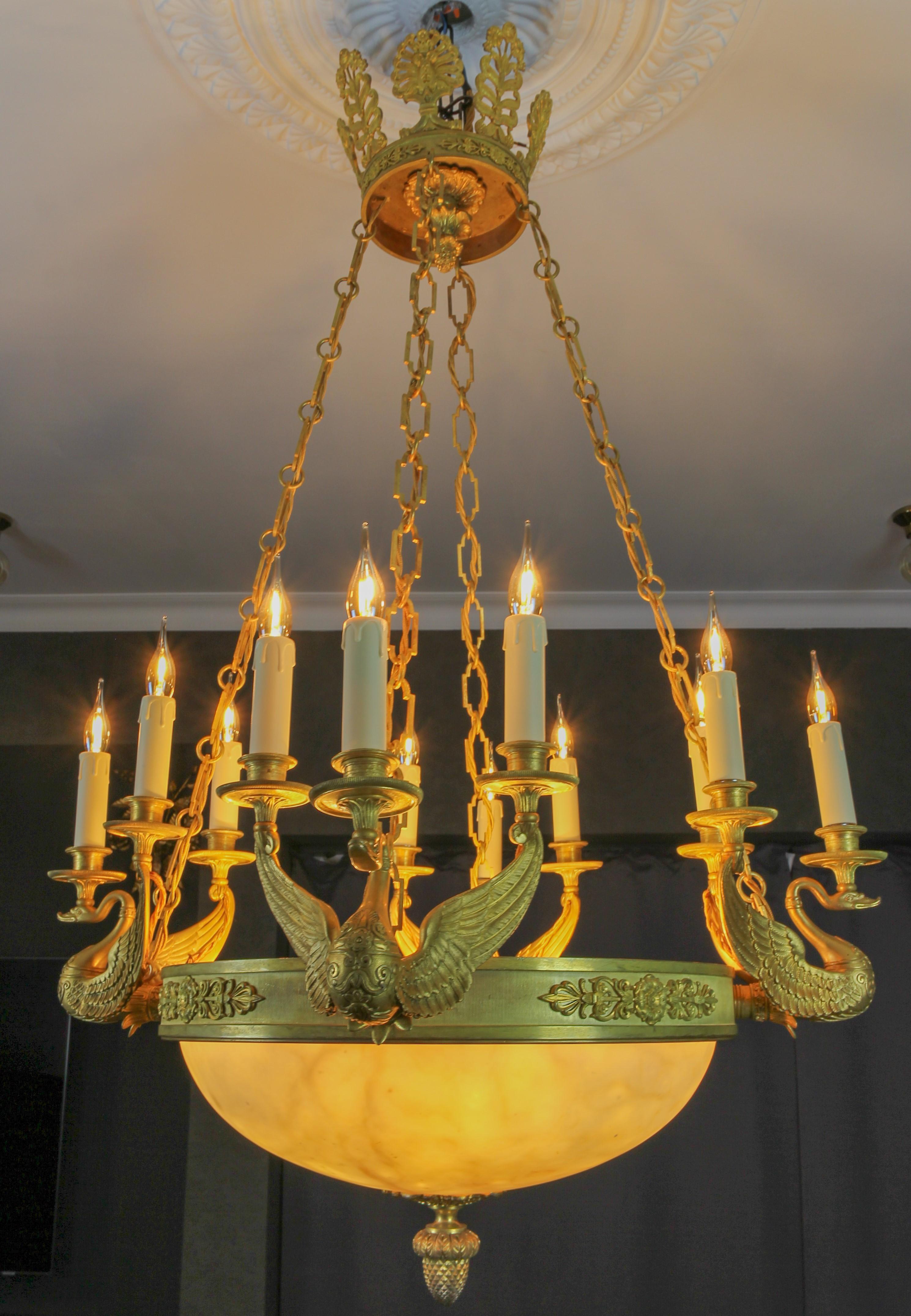 Late 19th Century Large Empire Style Alabaster and Bronze Sixteen-Light Chandelier, ca. 1890 For Sale