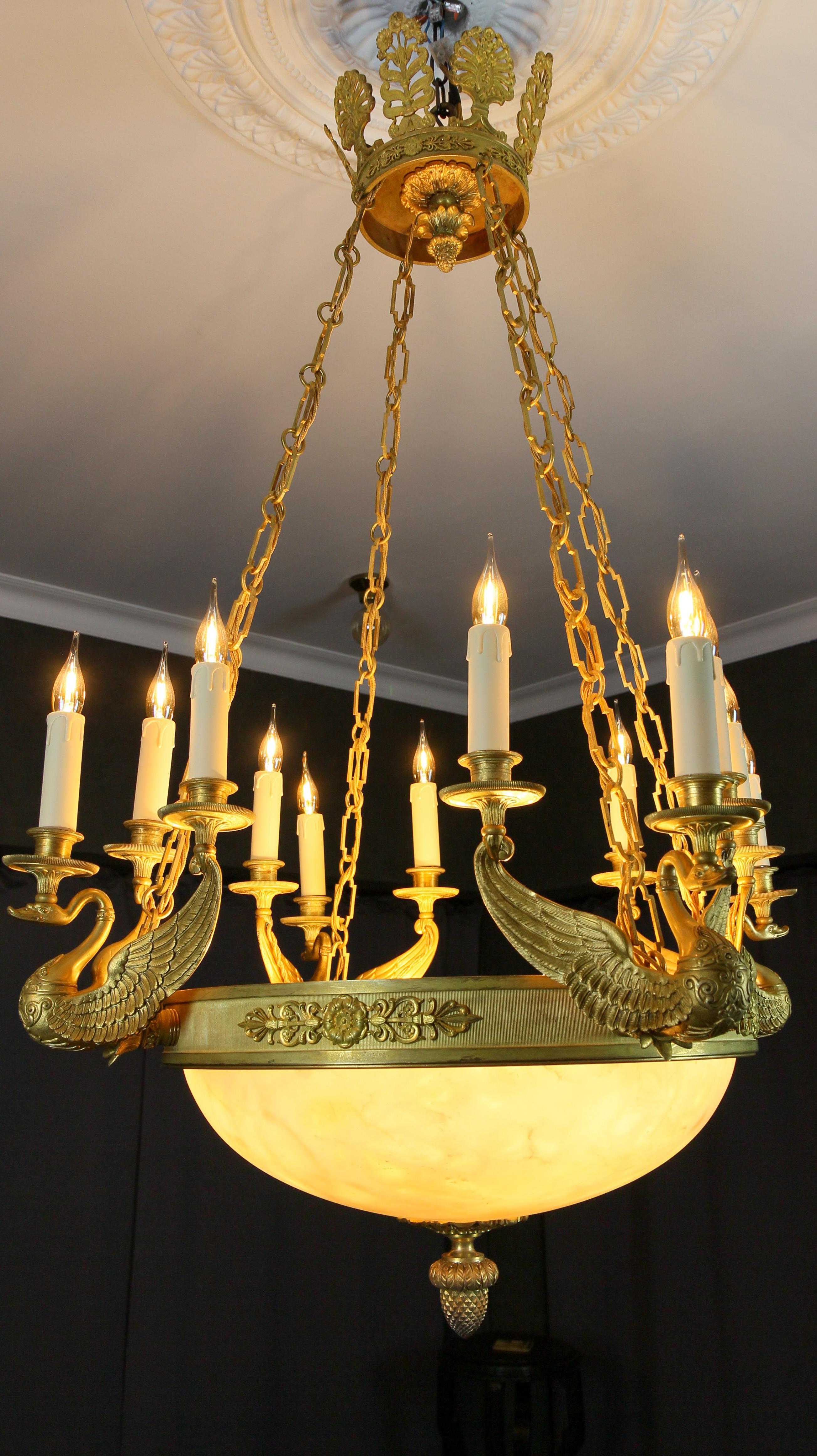 Large Empire Style Alabaster and Bronze Sixteen-Light Chandelier, ca. 1890 For Sale 2