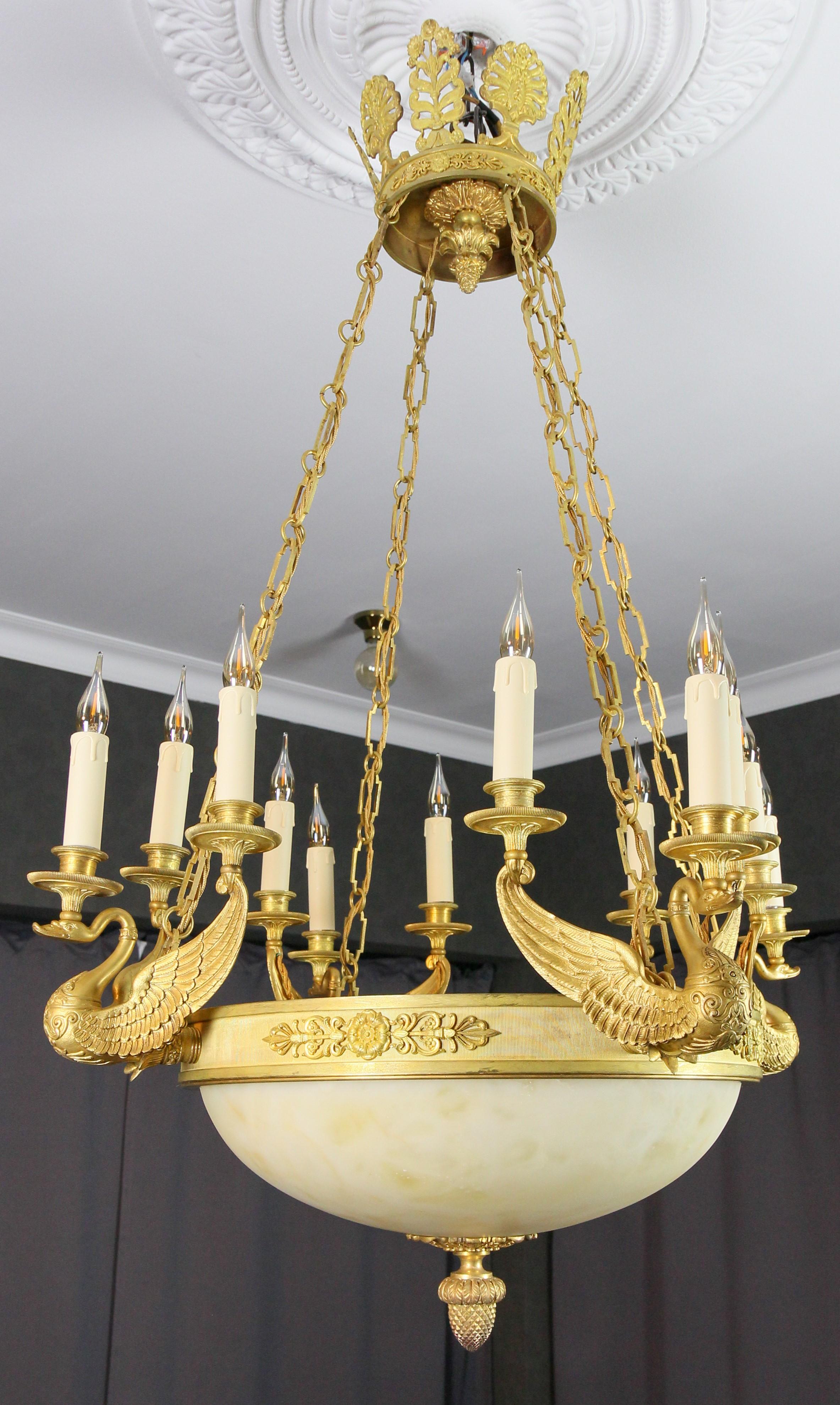 Large Empire Style Alabaster and Bronze Sixteen-Light Chandelier, ca. 1890 For Sale 3