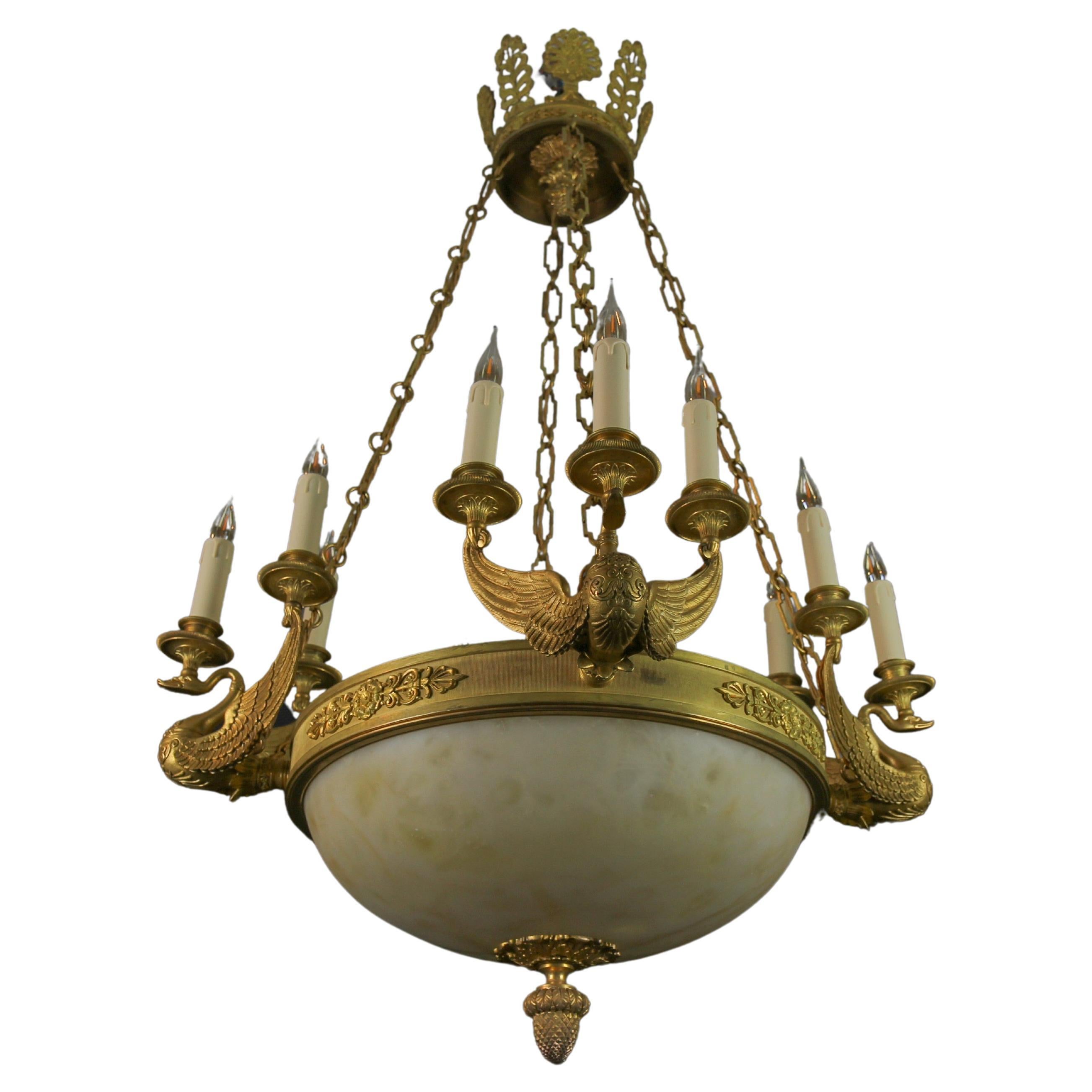Large Empire Style Alabaster and Bronze Sixteen-Light Chandelier, ca. 1890 For Sale