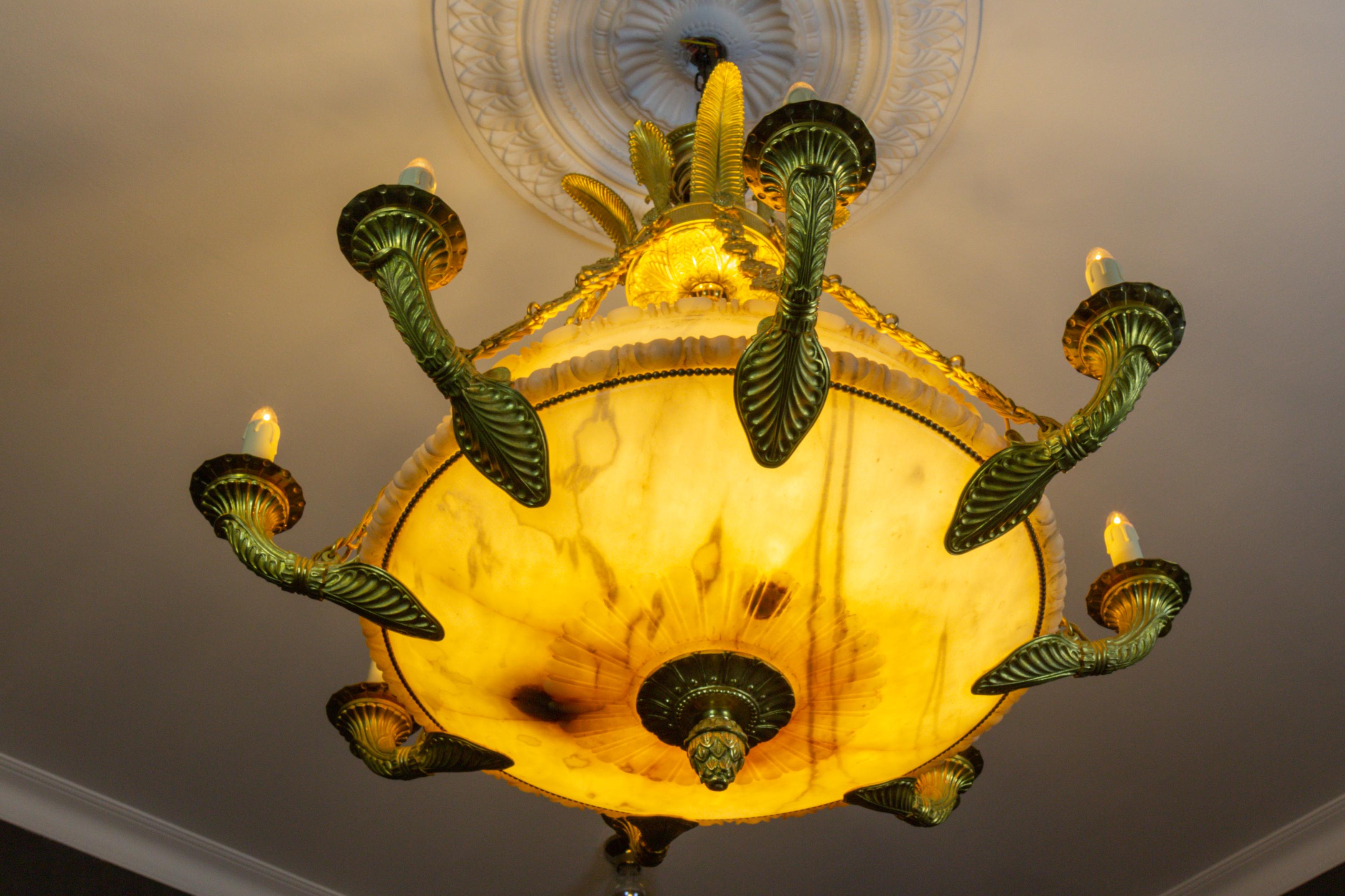 Large Empire Style Alabaster and Bronze Sixteen-Light Chandelier, ca. 1920 For Sale 5