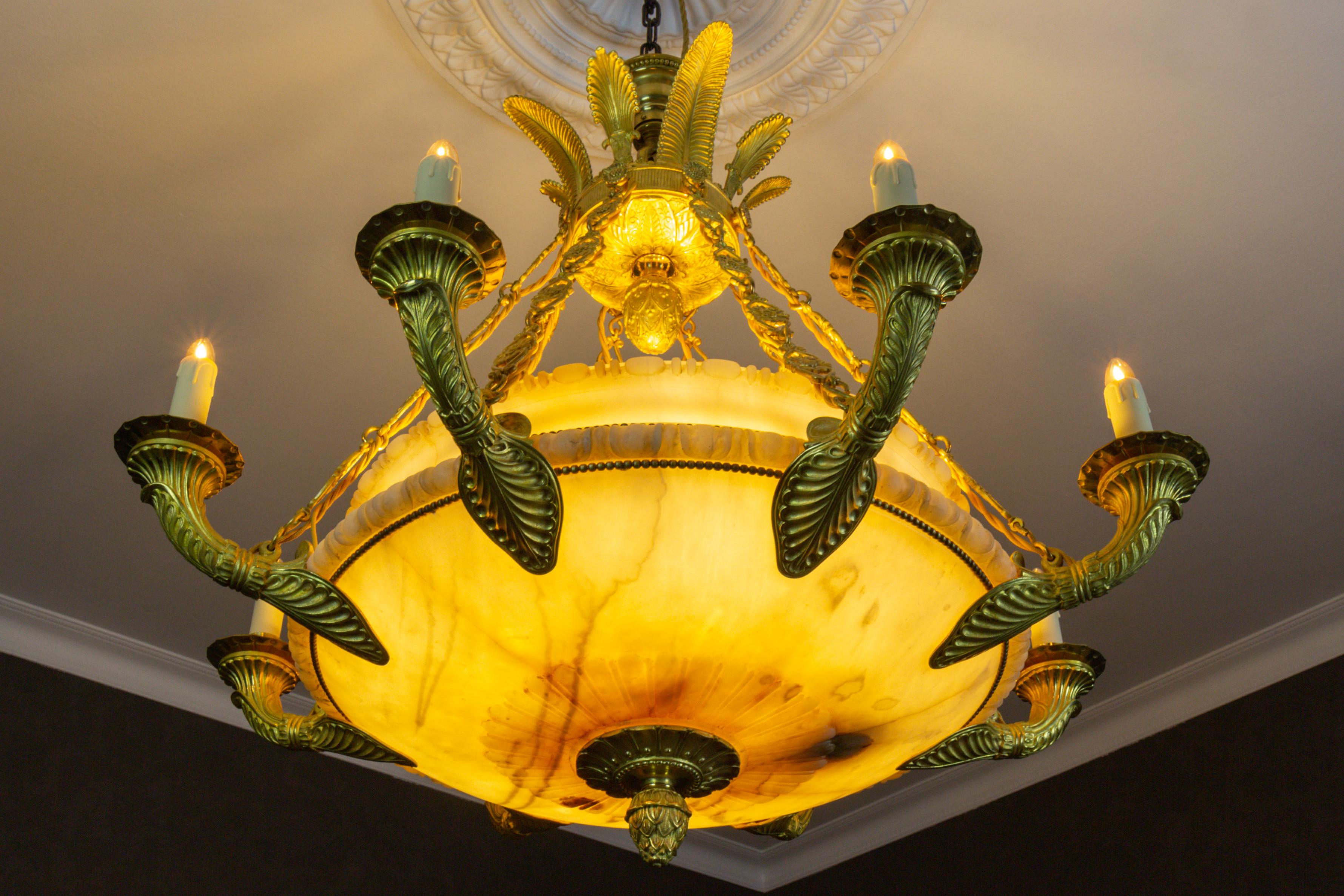 Large Empire Style Alabaster and Bronze Sixteen-Light Chandelier, ca. 1920 For Sale 6