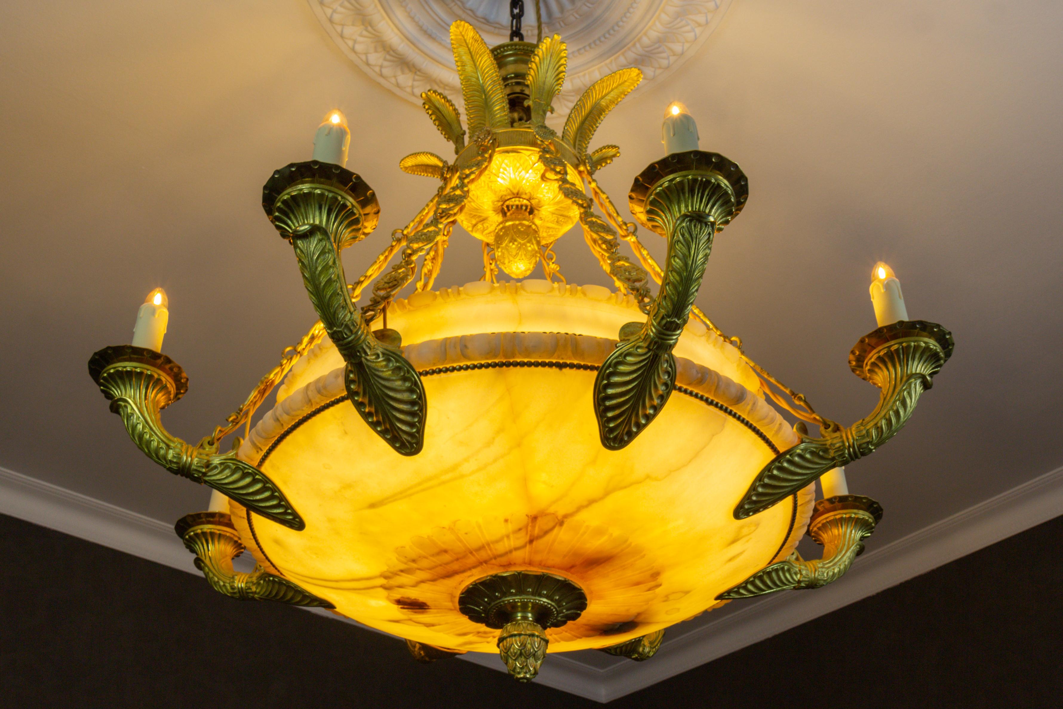 Large Empire Style Alabaster and Bronze Sixteen-Light Chandelier, ca. 1920 For Sale 7