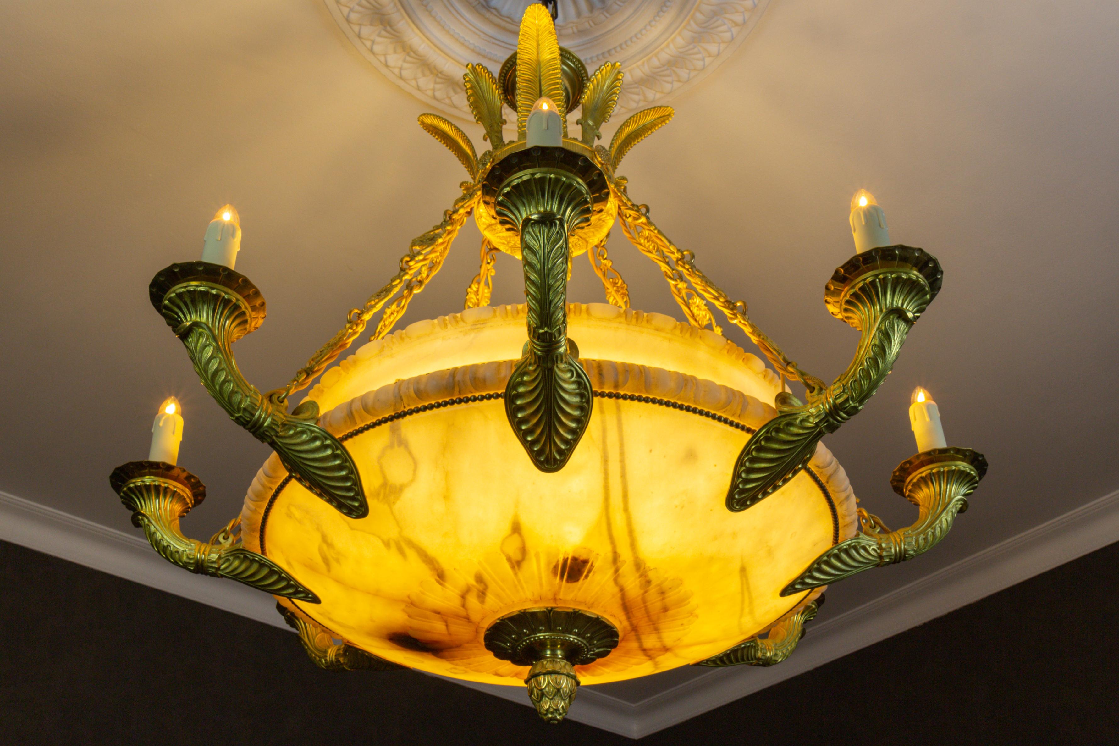 Large Empire Style Alabaster and Bronze Sixteen-Light Chandelier, ca. 1920 For Sale 8
