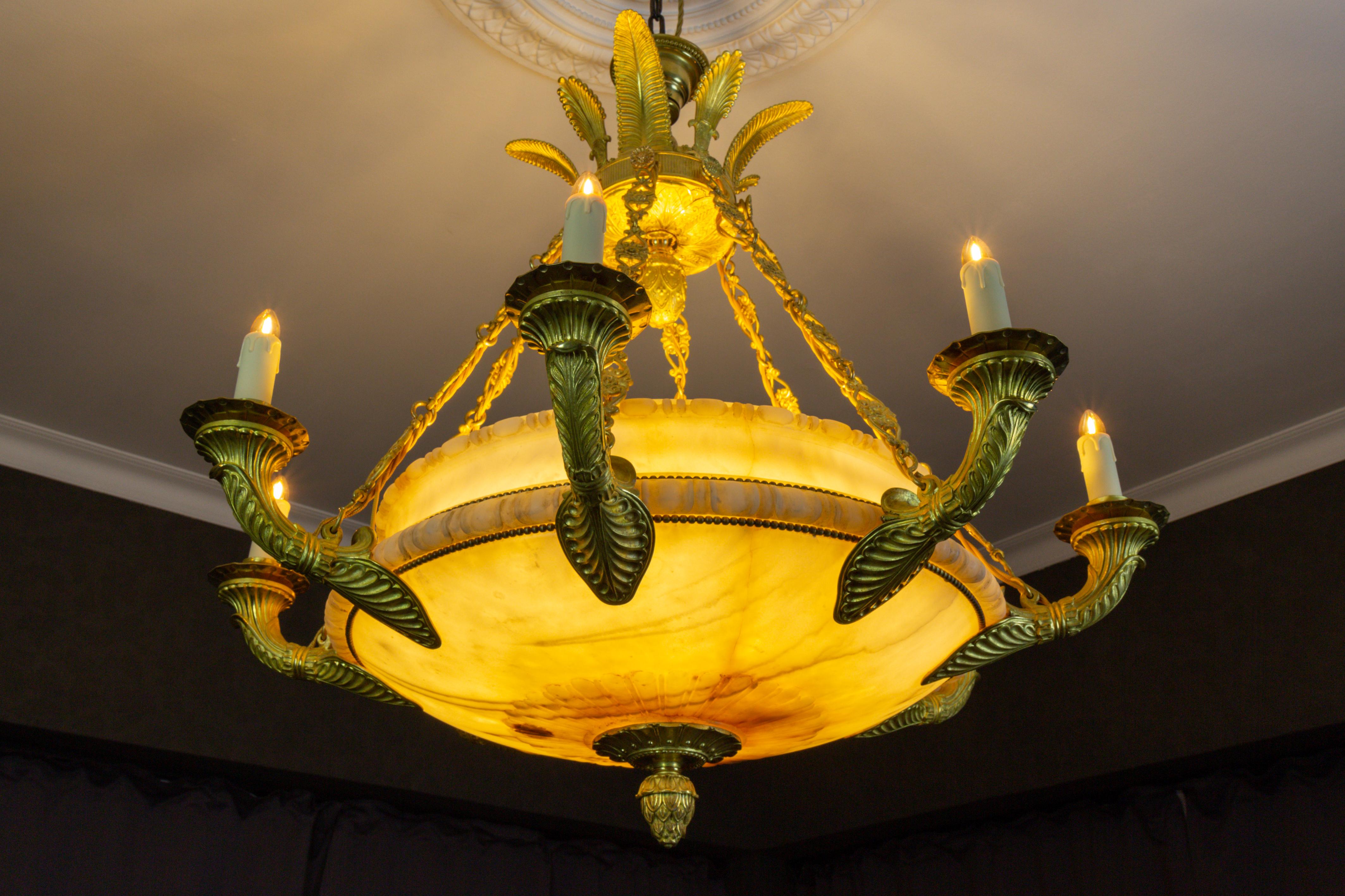 Large Empire Style Alabaster and Bronze Sixteen-Light Chandelier, ca. 1920 For Sale 9