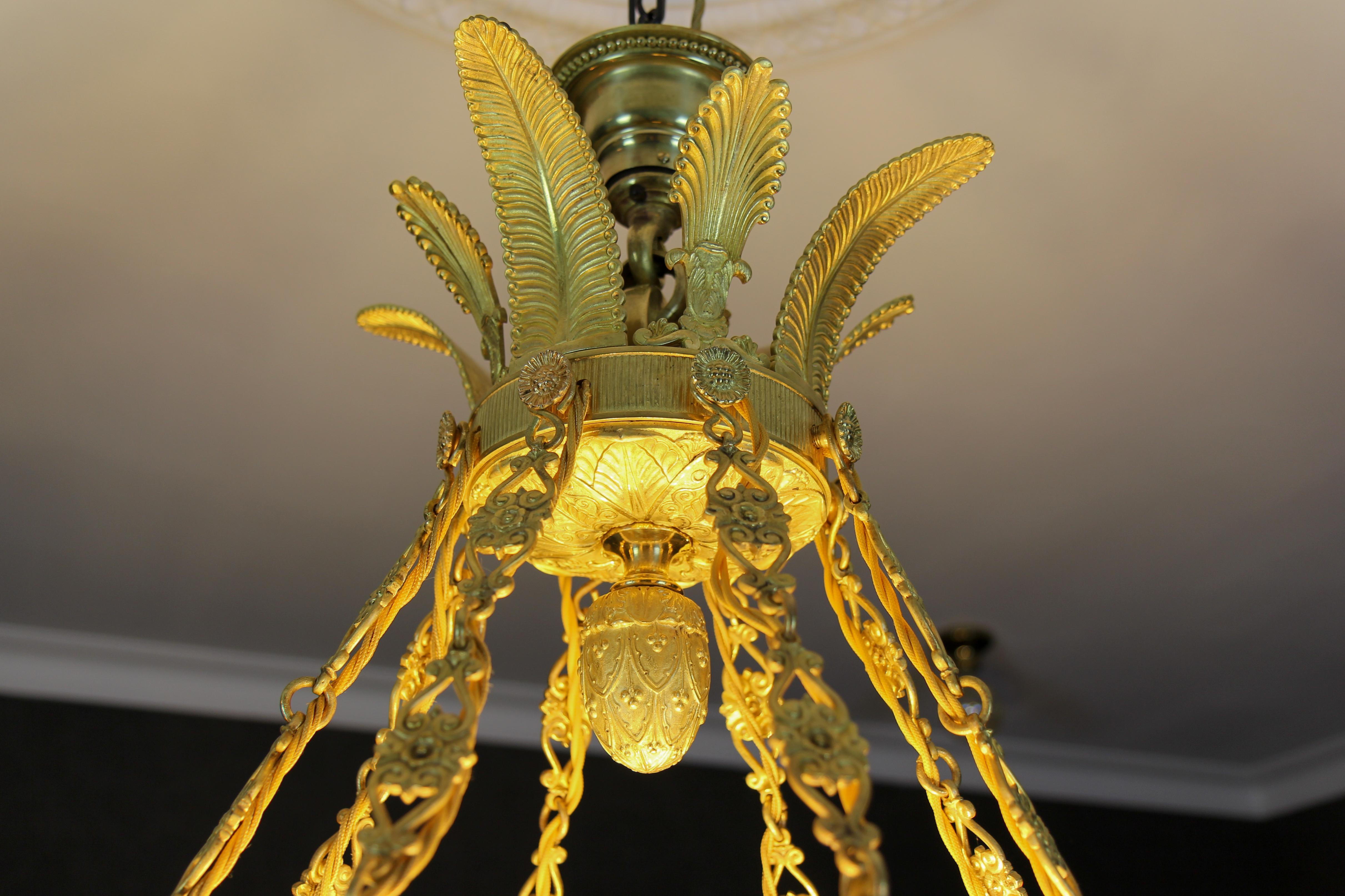 Large Empire Style Alabaster and Bronze Sixteen-Light Chandelier, ca. 1920 For Sale 10