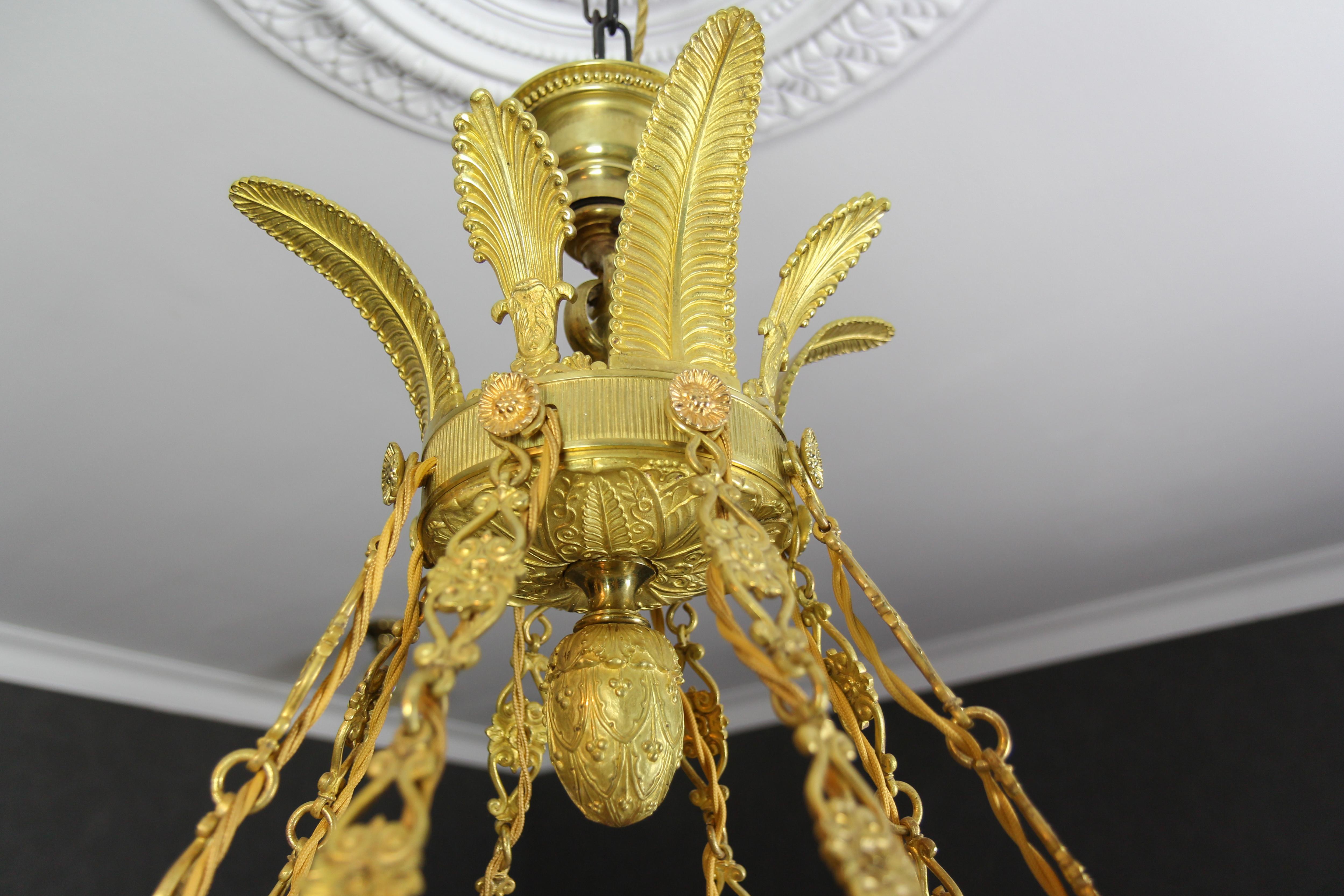 Large Empire Style Alabaster and Bronze Sixteen-Light Chandelier, ca. 1920 For Sale 11