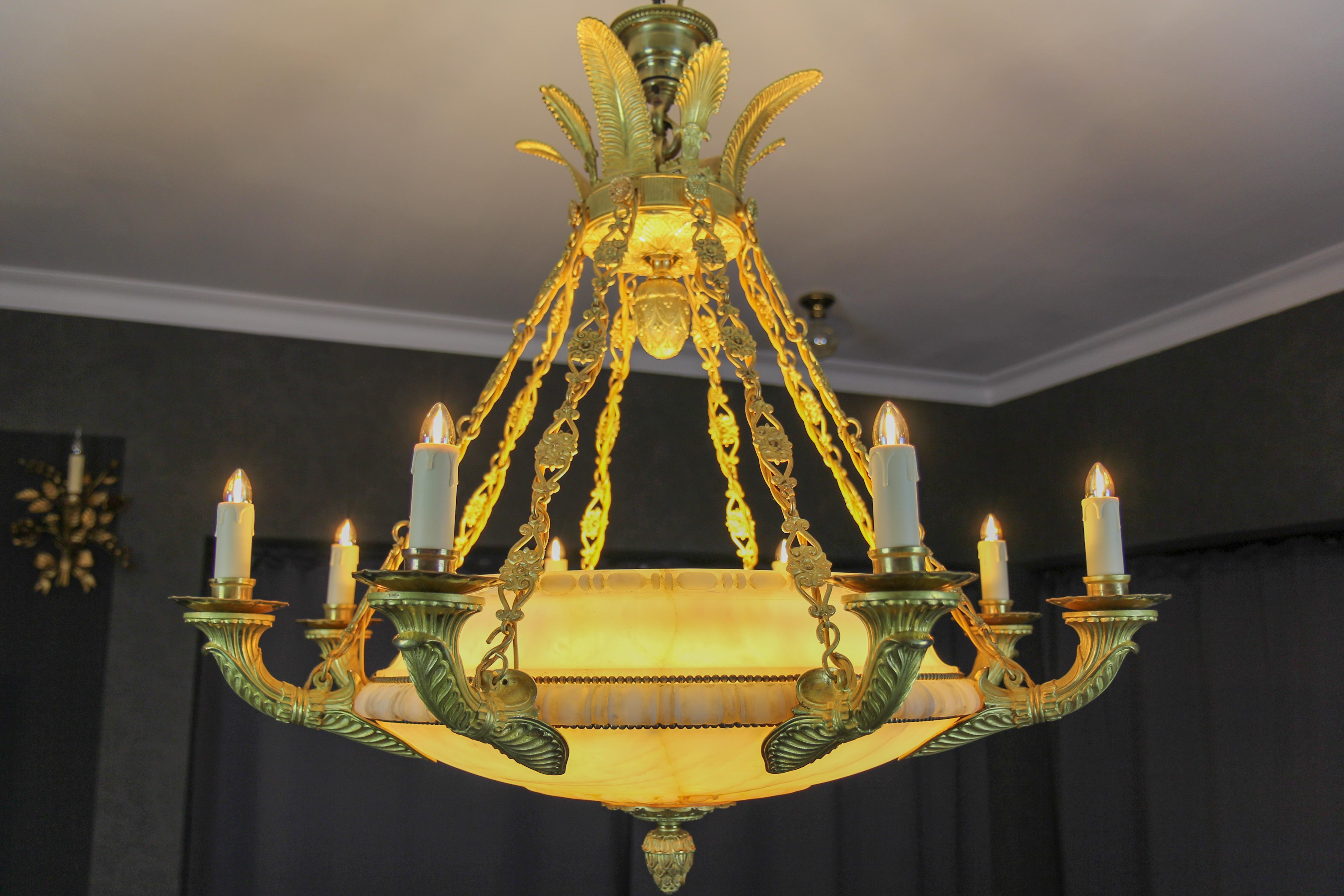 Large Empire Style Alabaster and Bronze Sixteen-Light Chandelier, ca. 1920 For Sale 12
