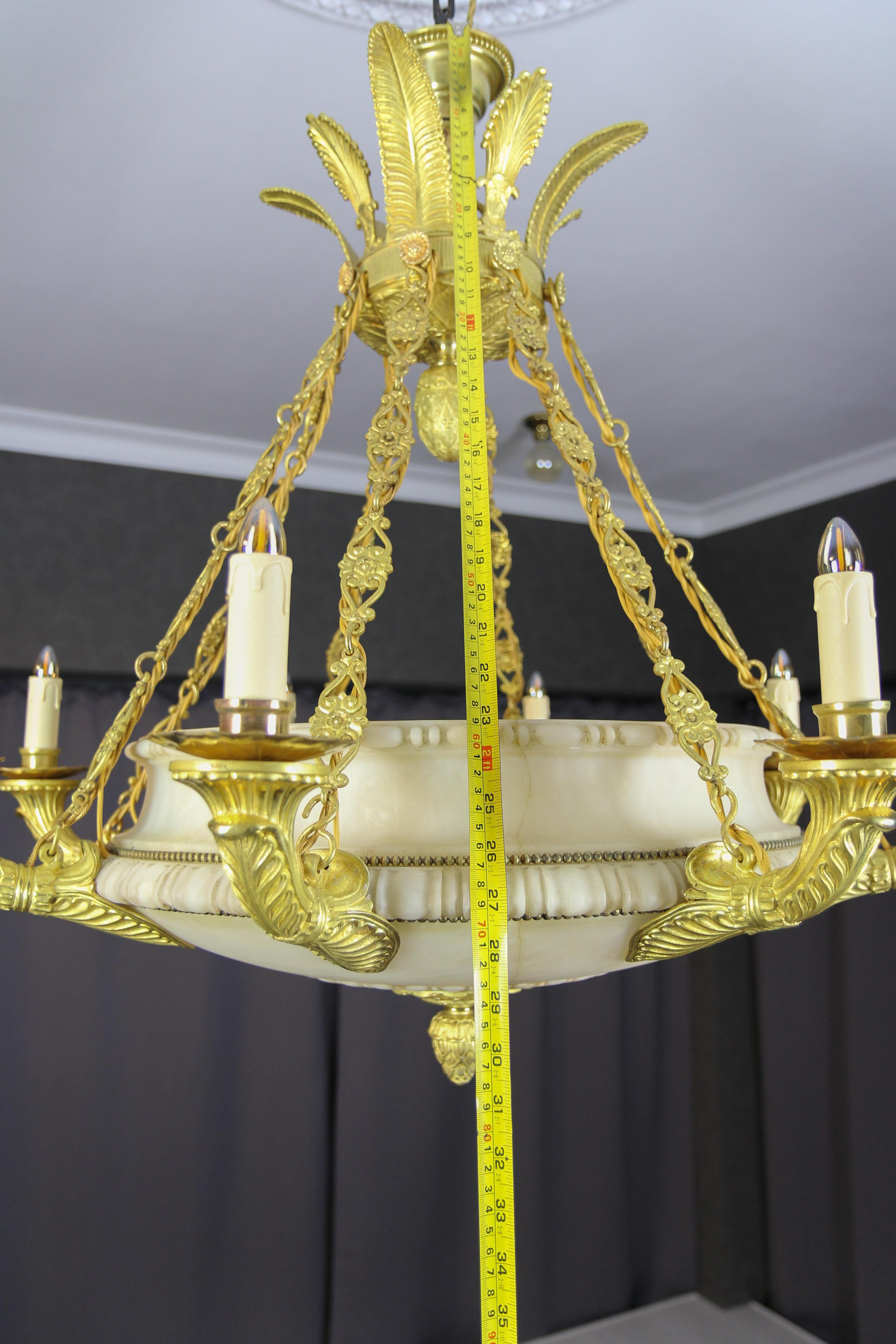 Large Empire Style Alabaster and Bronze Sixteen-Light Chandelier, ca. 1920 For Sale 13