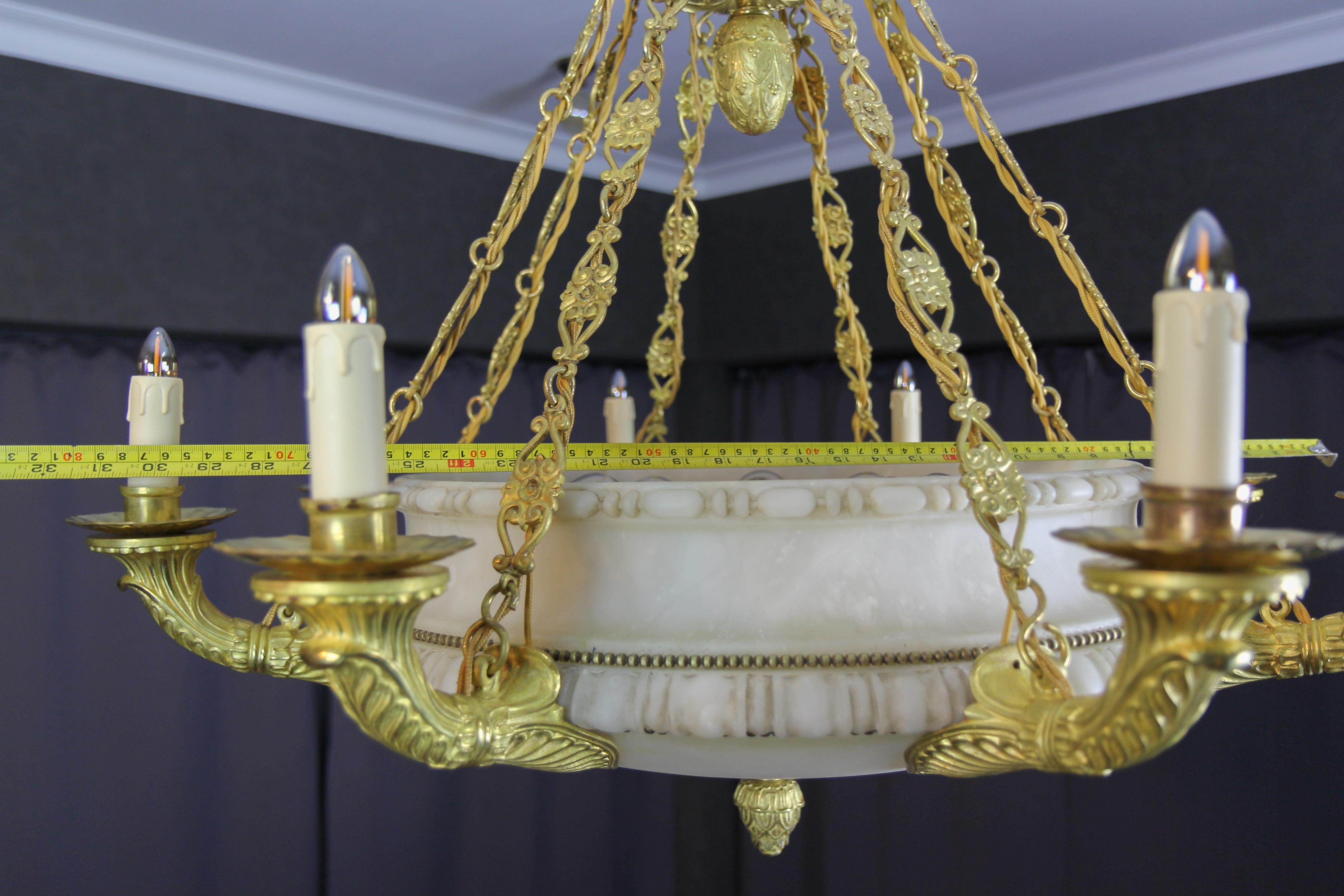 Large Empire Style Alabaster and Bronze Sixteen-Light Chandelier, ca. 1920 For Sale 14