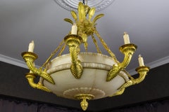 Large Empire Style Alabaster and Bronze Sixteen-Light Chandelier, ca. 1920
