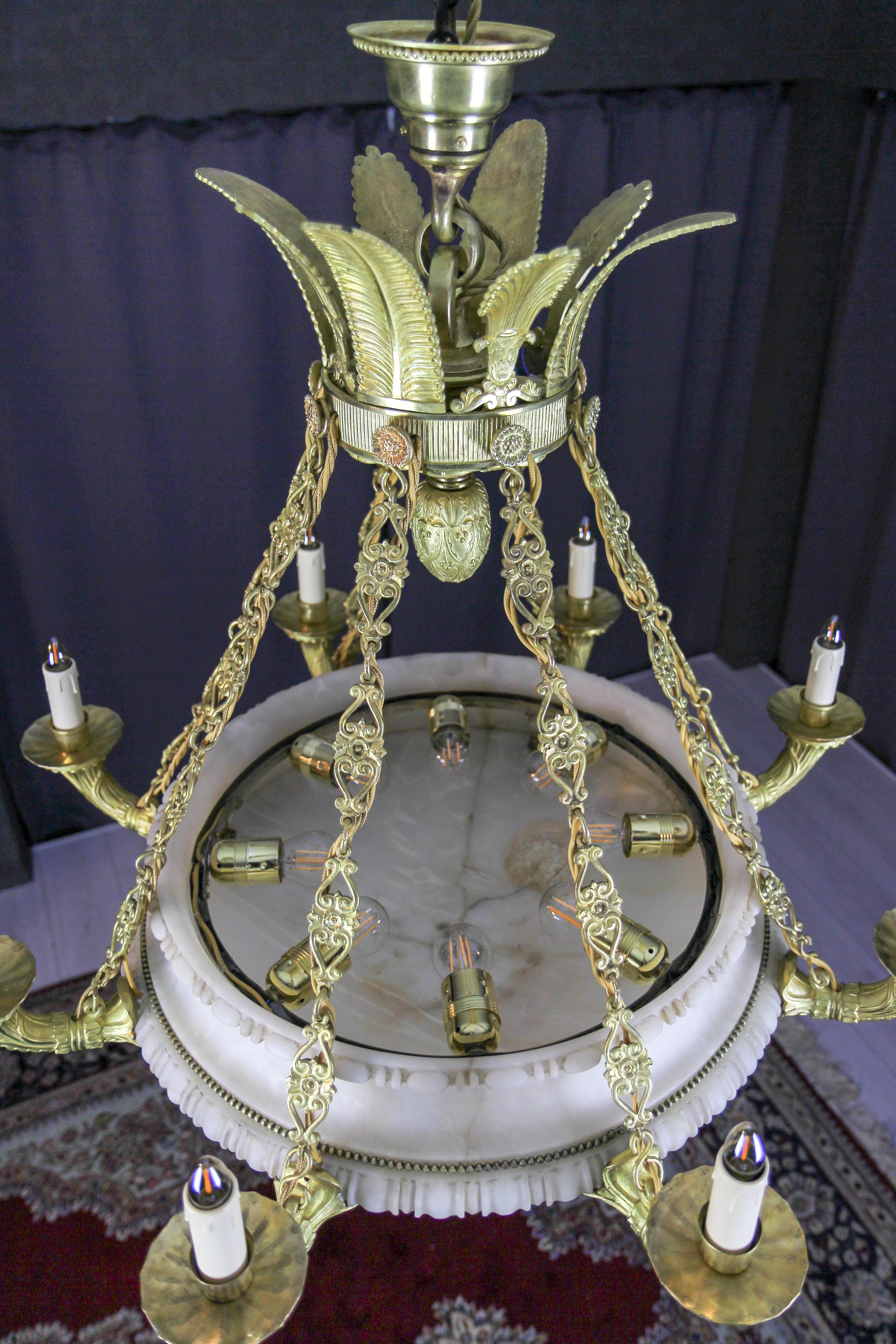 Large Empire Style Alabaster and Bronze Sixteen-Light Chandelier, ca. 1920 For Sale 15