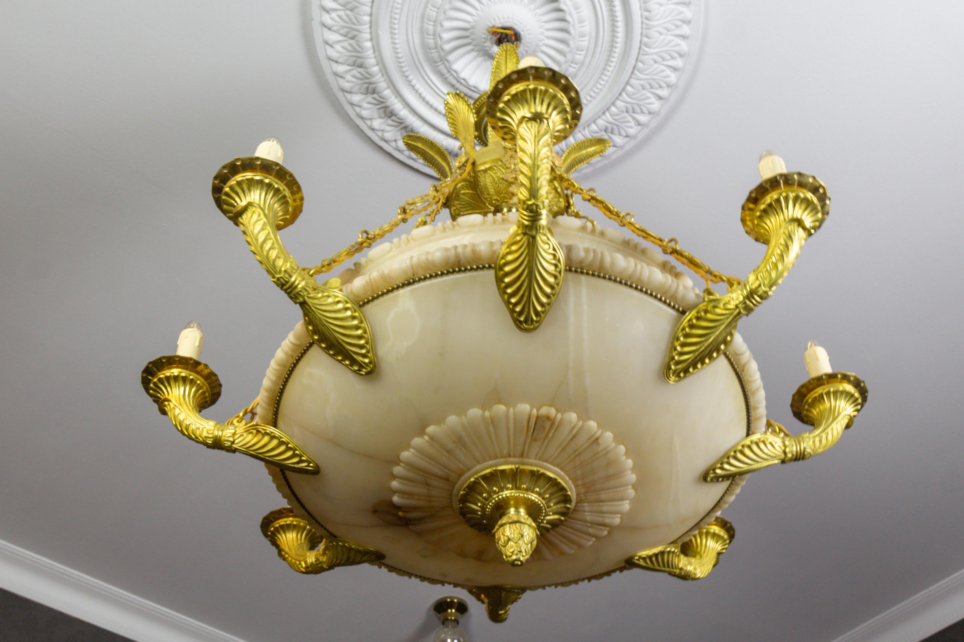 Large Empire Style Alabaster and Bronze Sixteen-Light Chandelier, ca. 1920 In Good Condition For Sale In Barntrup, DE