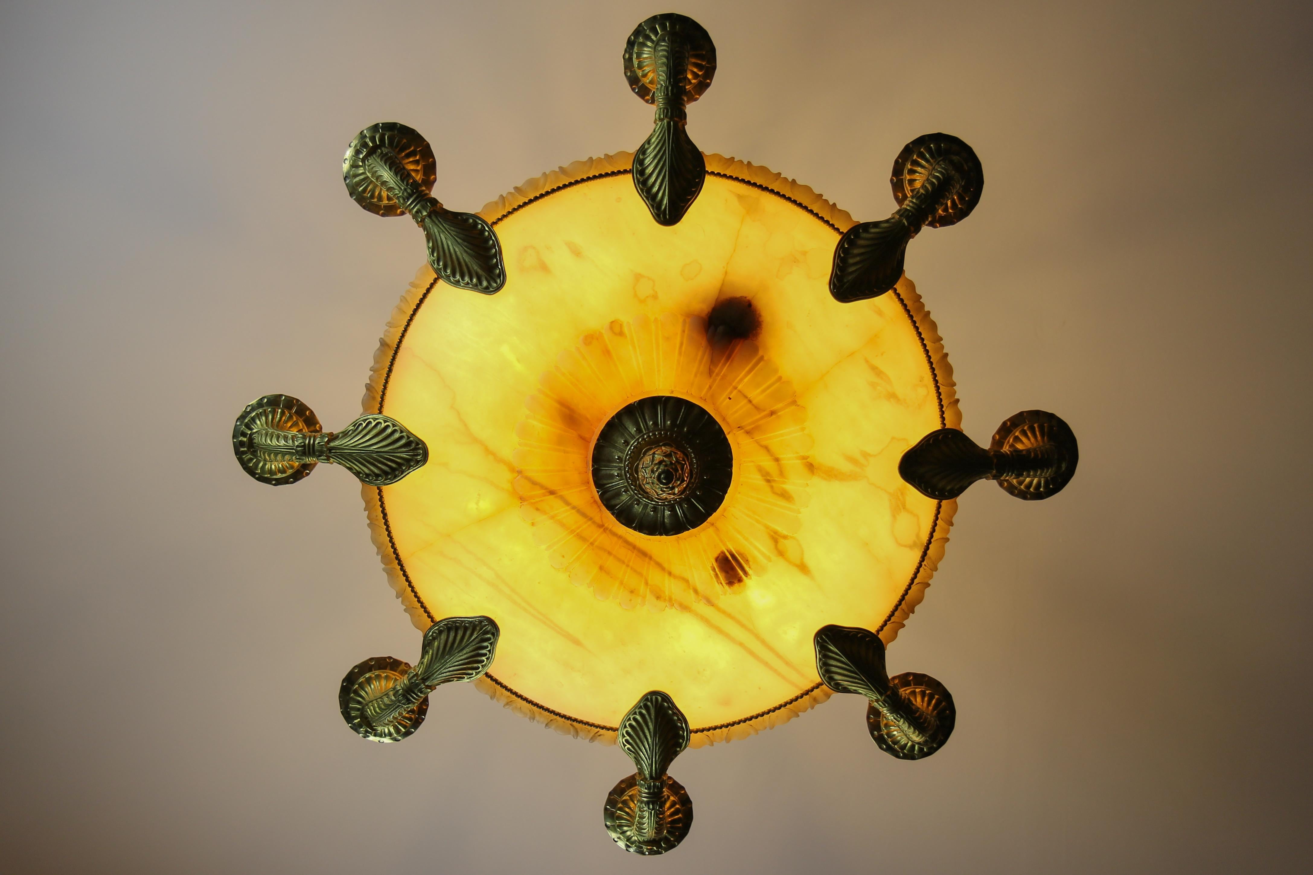 Large Empire Style Alabaster and Bronze Sixteen-Light Chandelier, ca. 1920 For Sale 3
