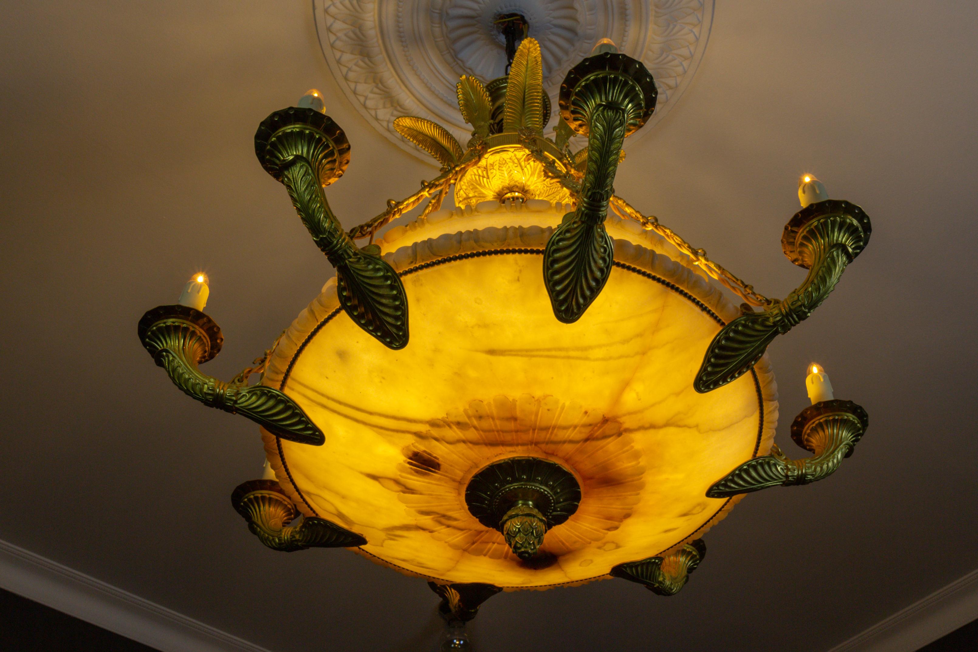 Large Empire Style Alabaster and Bronze Sixteen-Light Chandelier, ca. 1920 For Sale 4