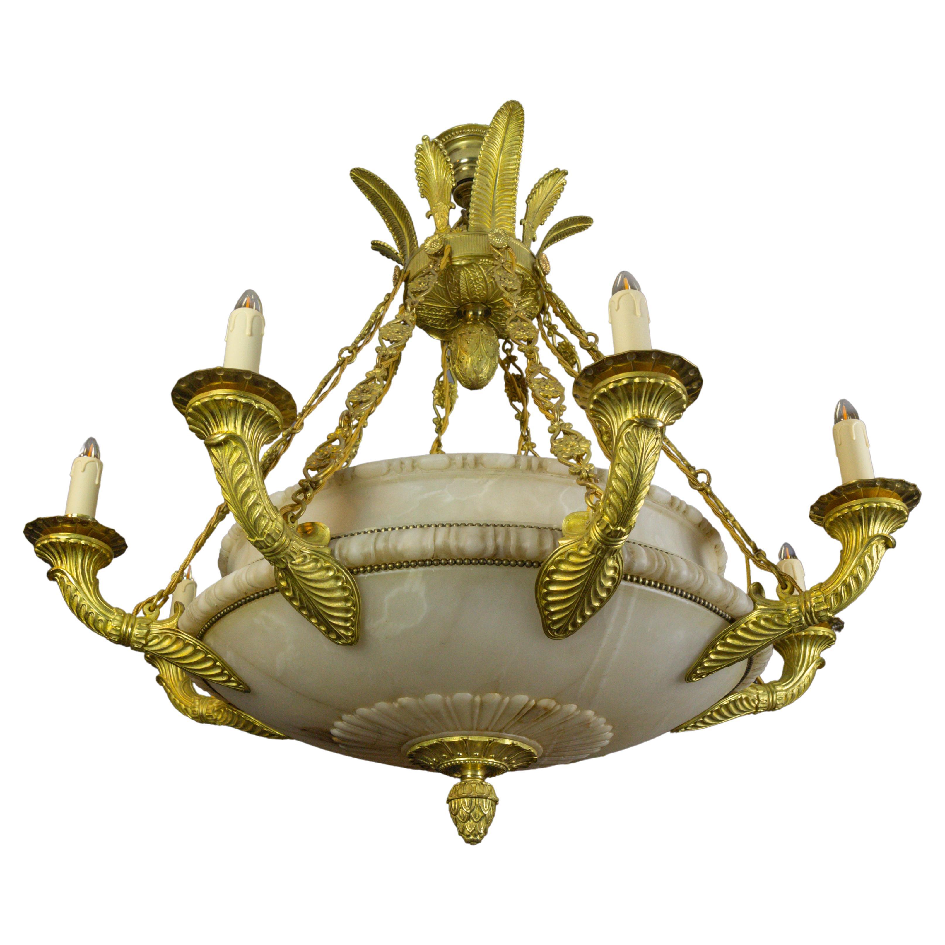 Large Empire Style Alabaster and Bronze Sixteen-Light Chandelier, ca. 1920 For Sale