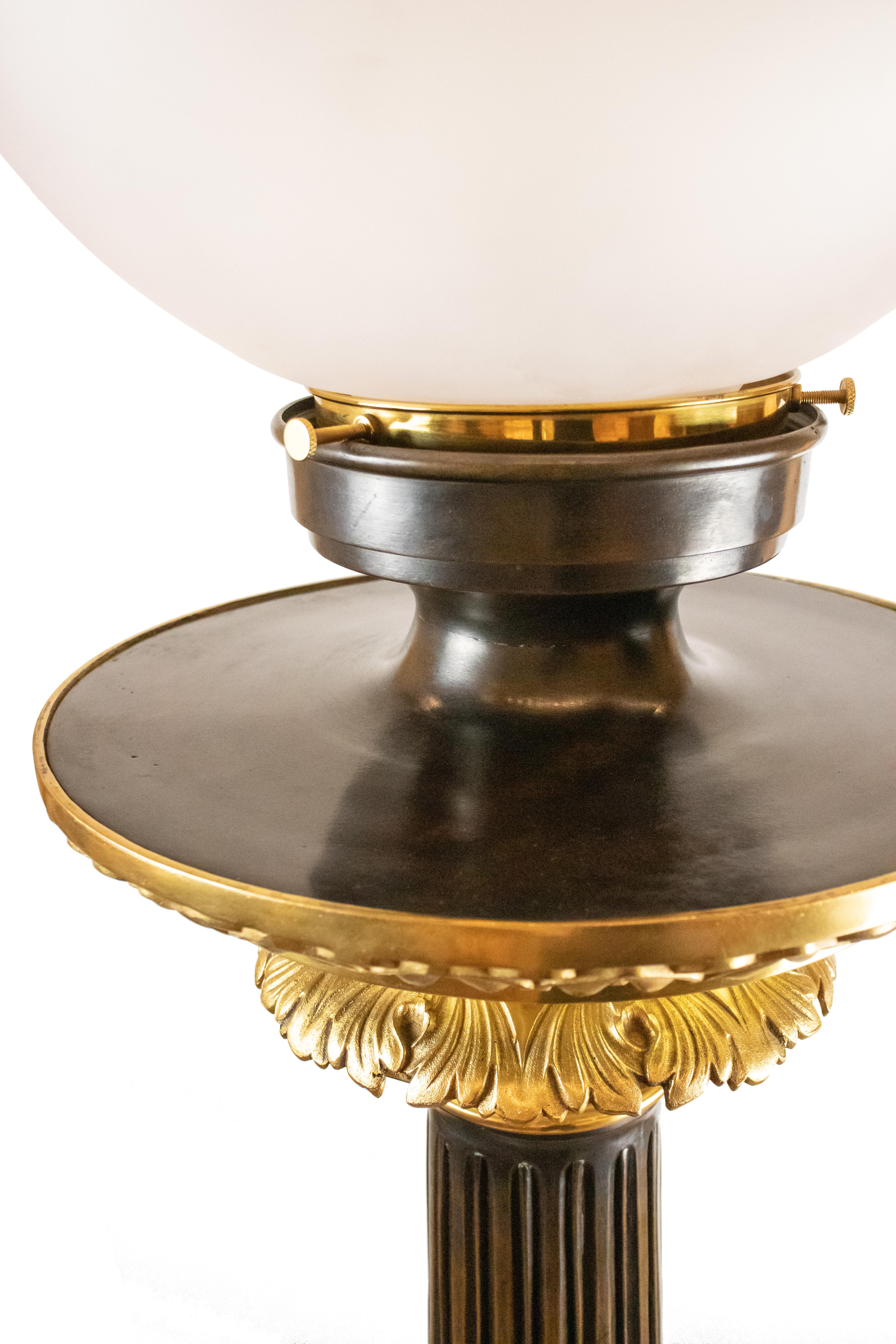 French Large Empire Style Bronze Pillar Floor Lamp with a Frosted Glass Globe Shade For Sale